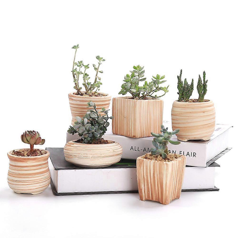 Sun-E 3 Inch Ceramic Succulent Plant Pot Set with Wooden Pattern - Cactus Flower Planter Gift Idea, 6 in Set