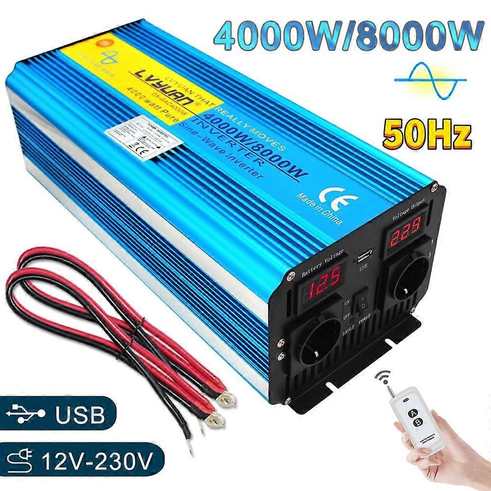 12V/24V to 220V Remote Control Pure Sine Wave 4000W Rated Power EU Socket Car Power Dual LED Display Supply 220V Camping Power Inverter