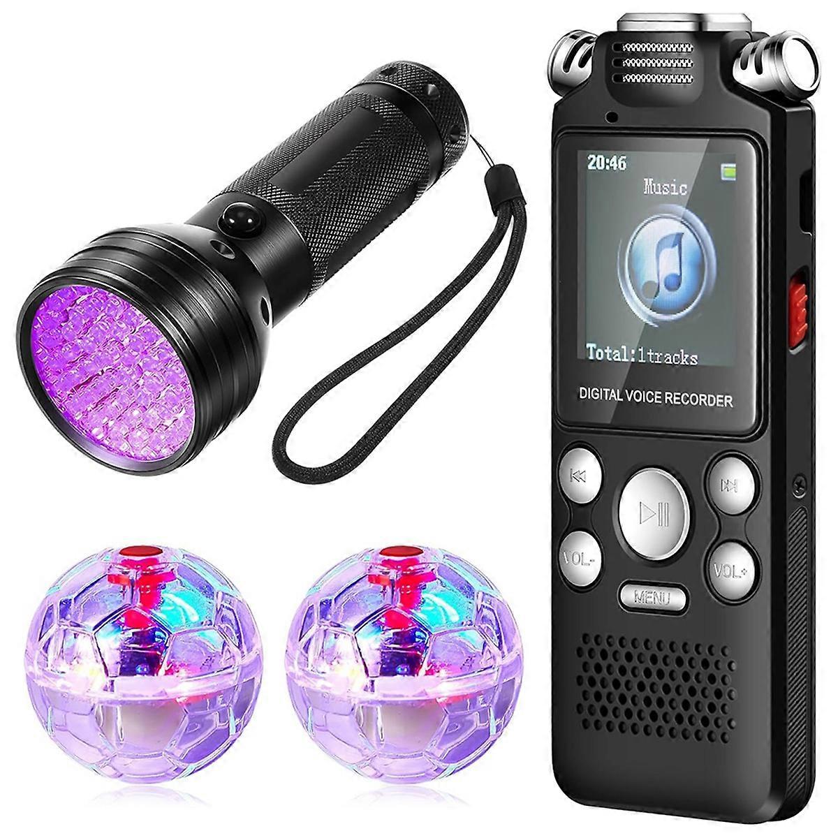 Ghosthunting Equipment Kit 1 Digital Voice Recorder 2 LED Light Up Pet Cat Balls and 1 UV Flashligh