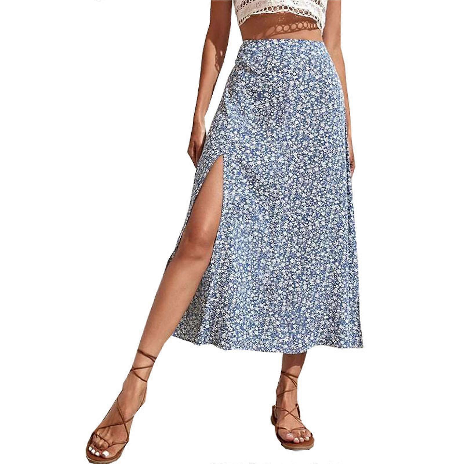 Pentru femei Casual Talie înaltă Boem Floral Imprimeu Lateral Split Linia A Fustă midi Vară Fustă midi albastru deschis XL