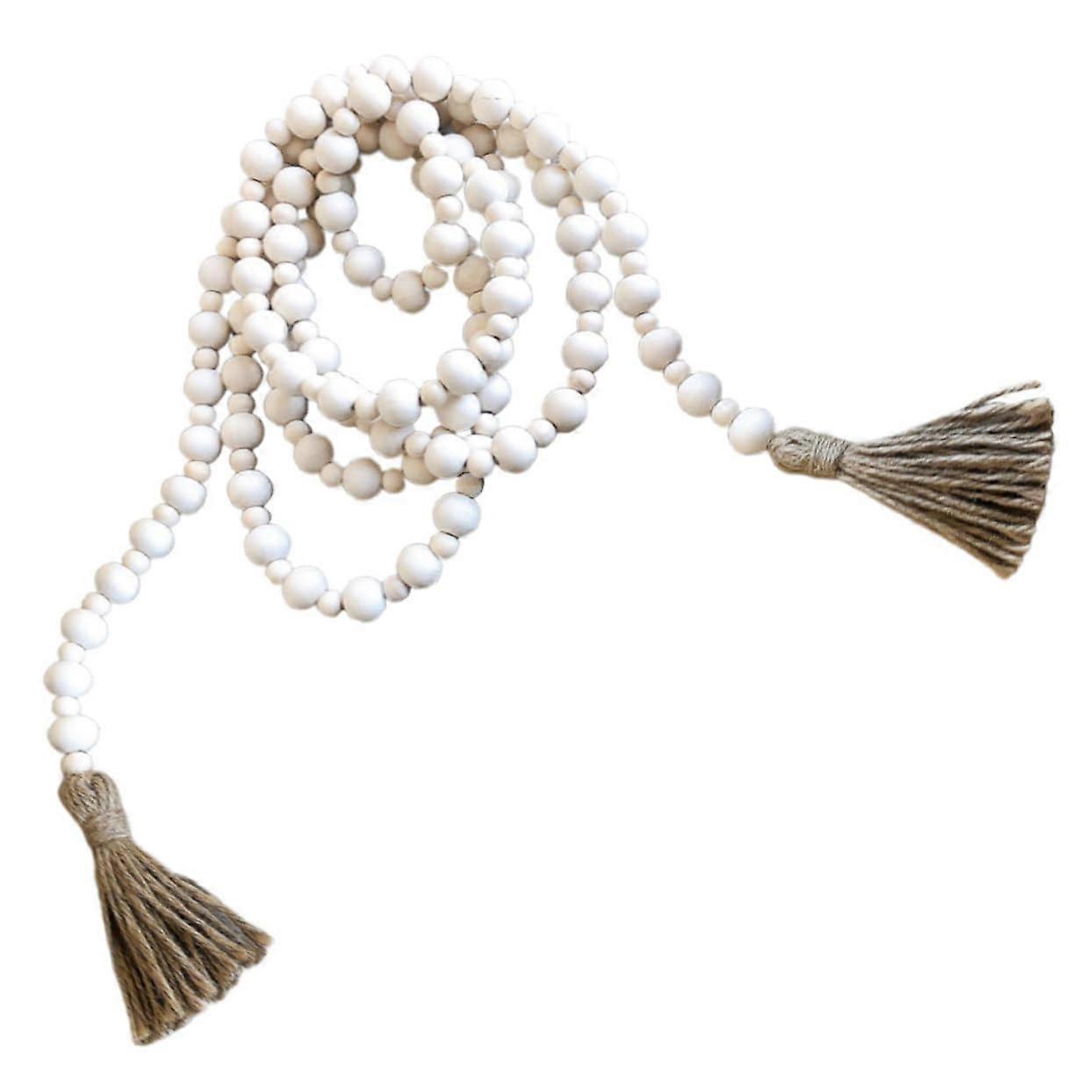 Wooden Beaded Garland with Tassel, Rustic Country Home Wall Decor String for Farmhouse Style Interior Decoration