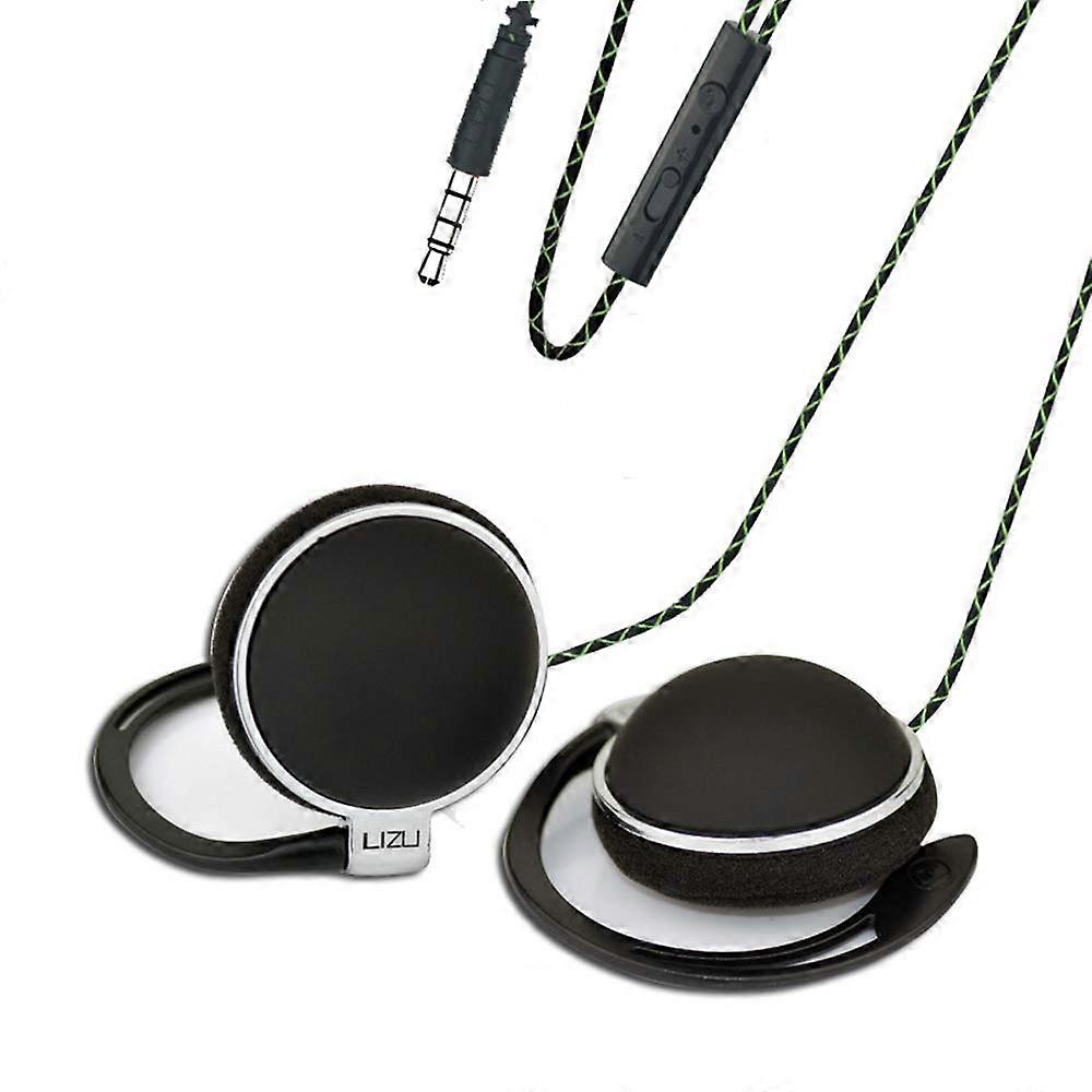 Clip Type Earphones with Microphone, Portable Black Stereo Headphones Compatible with 3.5mm iPhone and Android Devices