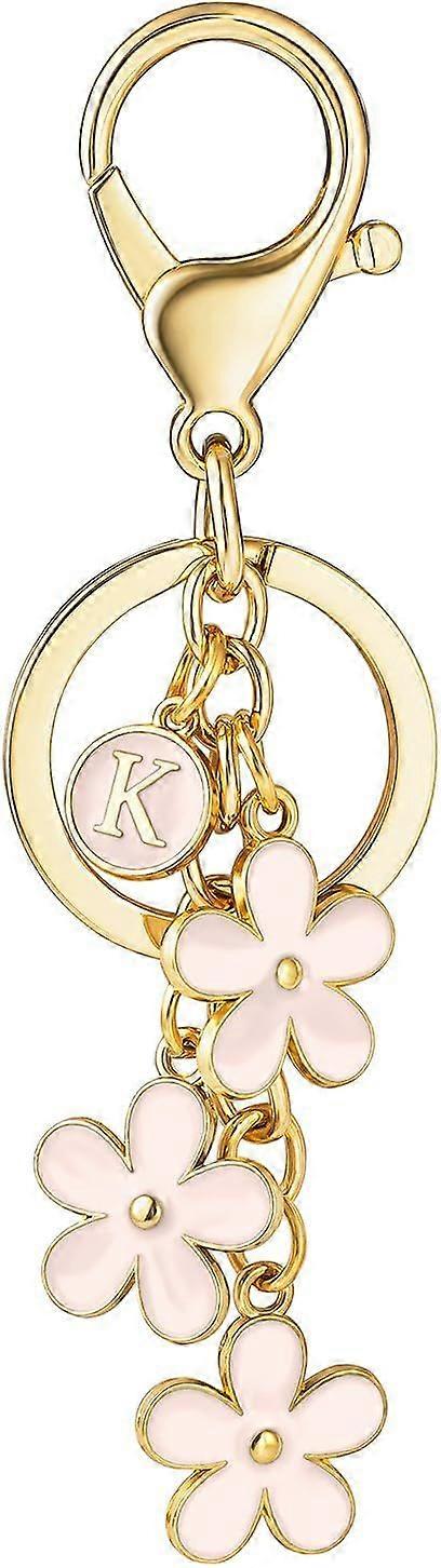Initial Keychain White/Pink Flower Charms for Key Cute Letter Keyring for Handbag Backpack