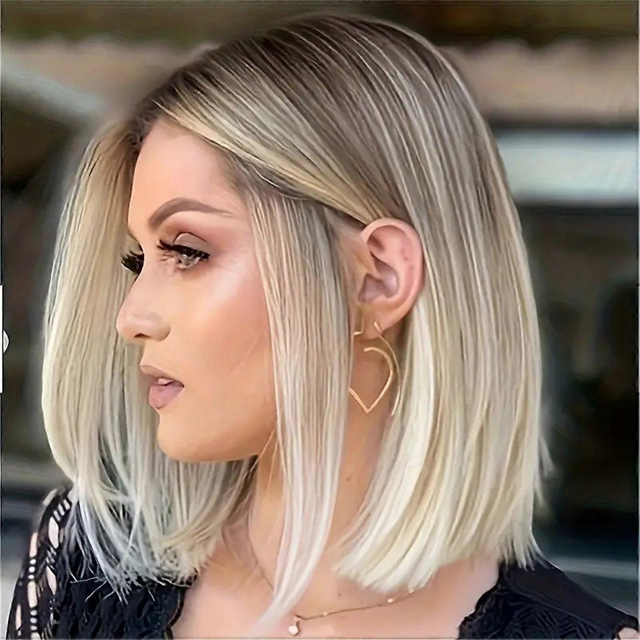 Women's short straight bob wig with blonde highlights and center parting for Halloween party look