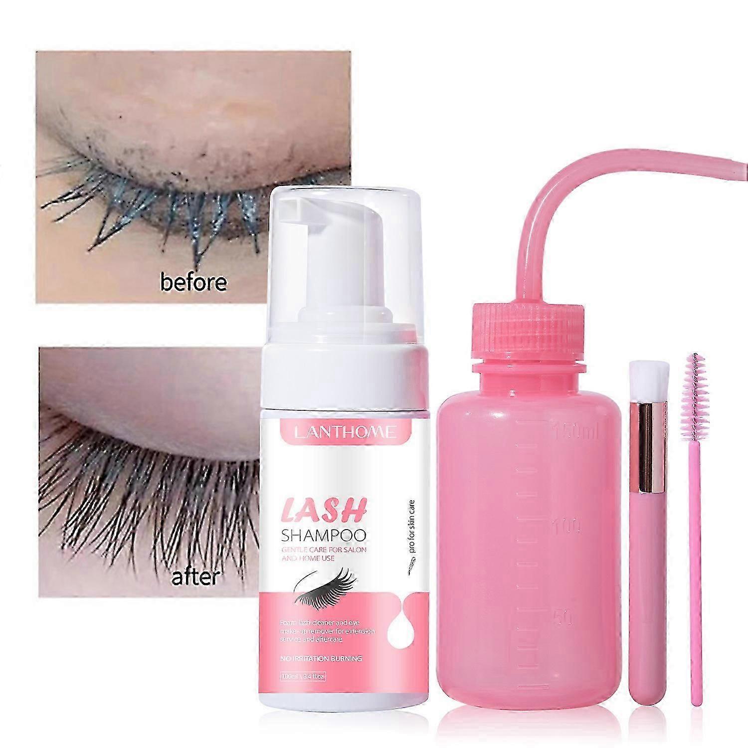 Eyelash Extension Cleanser 100 ml + Brushes + Rinse Bottle Eyelid Foaming Cleanser, Lash Foam Shampoo for Extensions and Natural Lashes, Makeup Remove