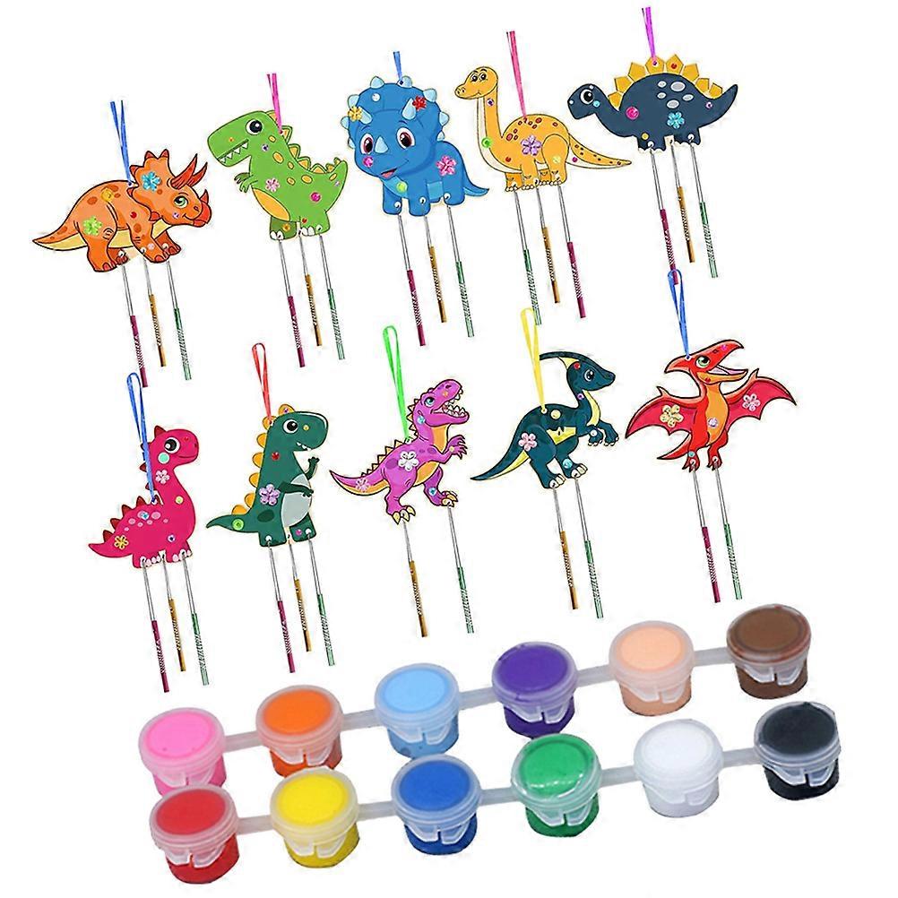Diy Dinosaur Wind Chime Craft Kit Bells, String, Ribbons, Brushes & Paints for Activities