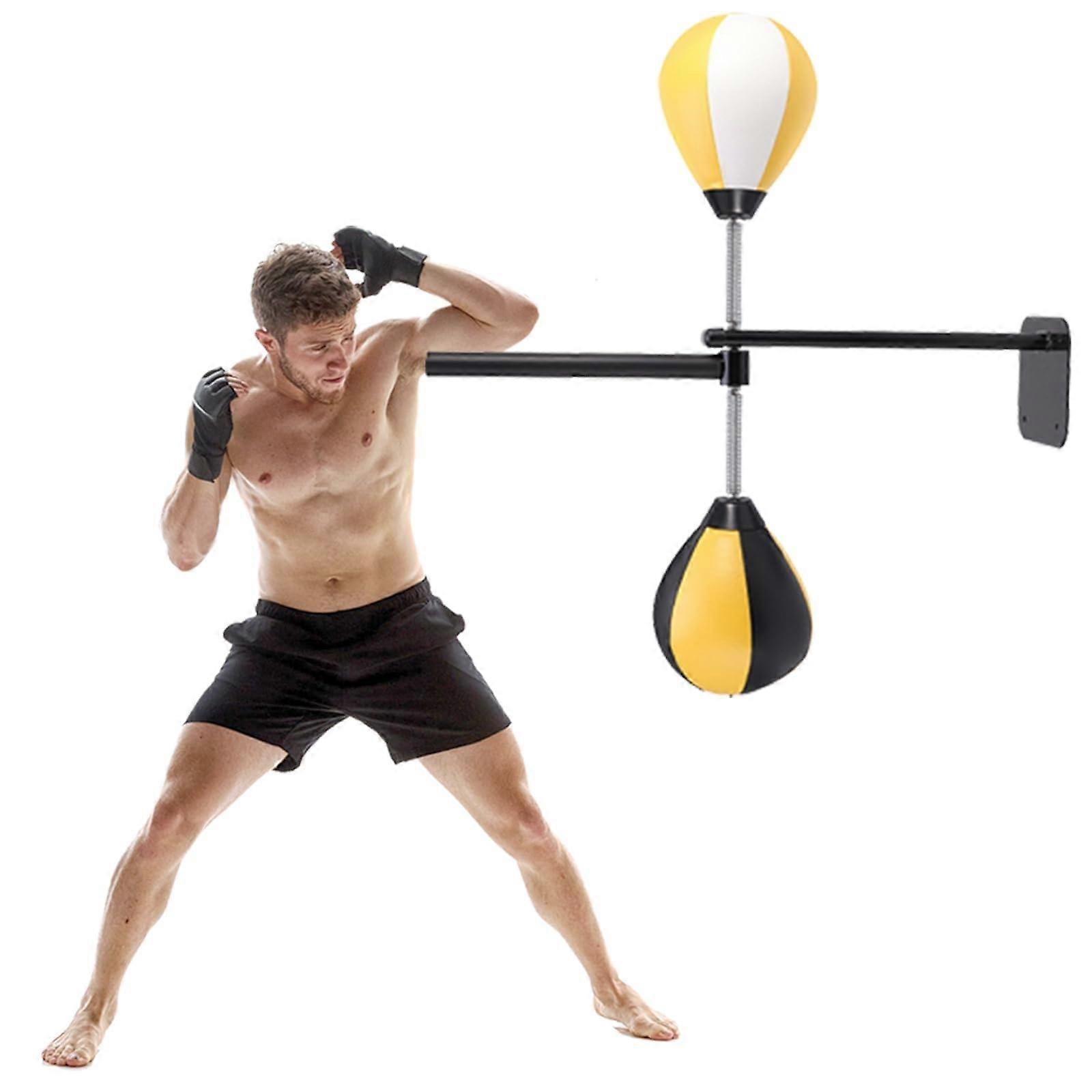 Double-End Speed Punch Bag with Rotating Stick Target, Adjustable Height, Wall-Mounted Boxing Training Equipment in Yellow