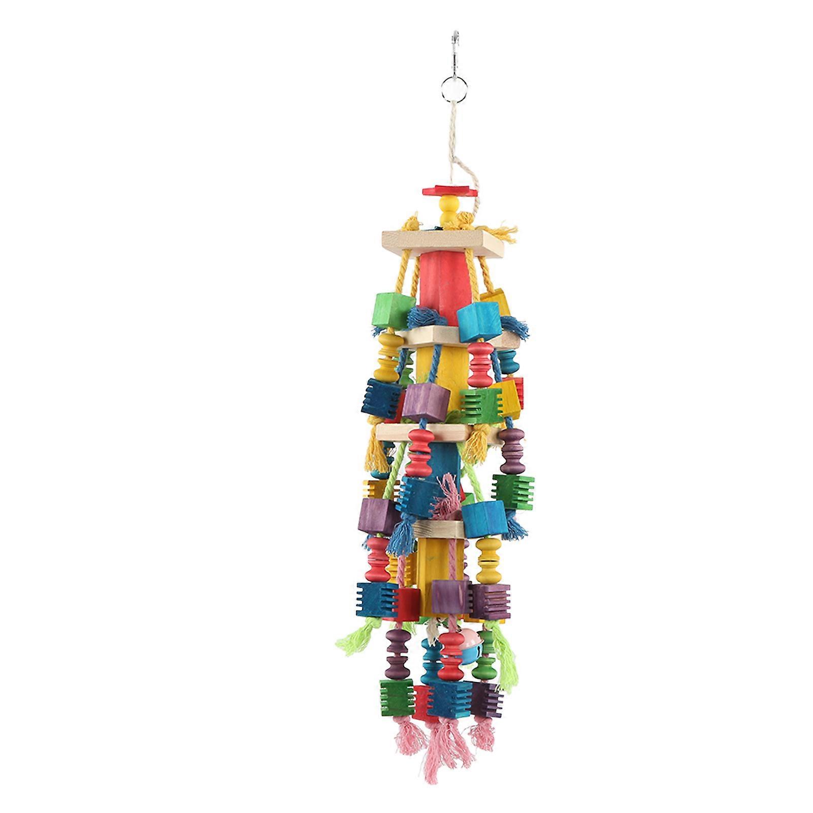 Bird Chewing Toy Wooden Blocks Colorful Bite Resistant Bird Cage Hanging Toy for Medium Large Parrots