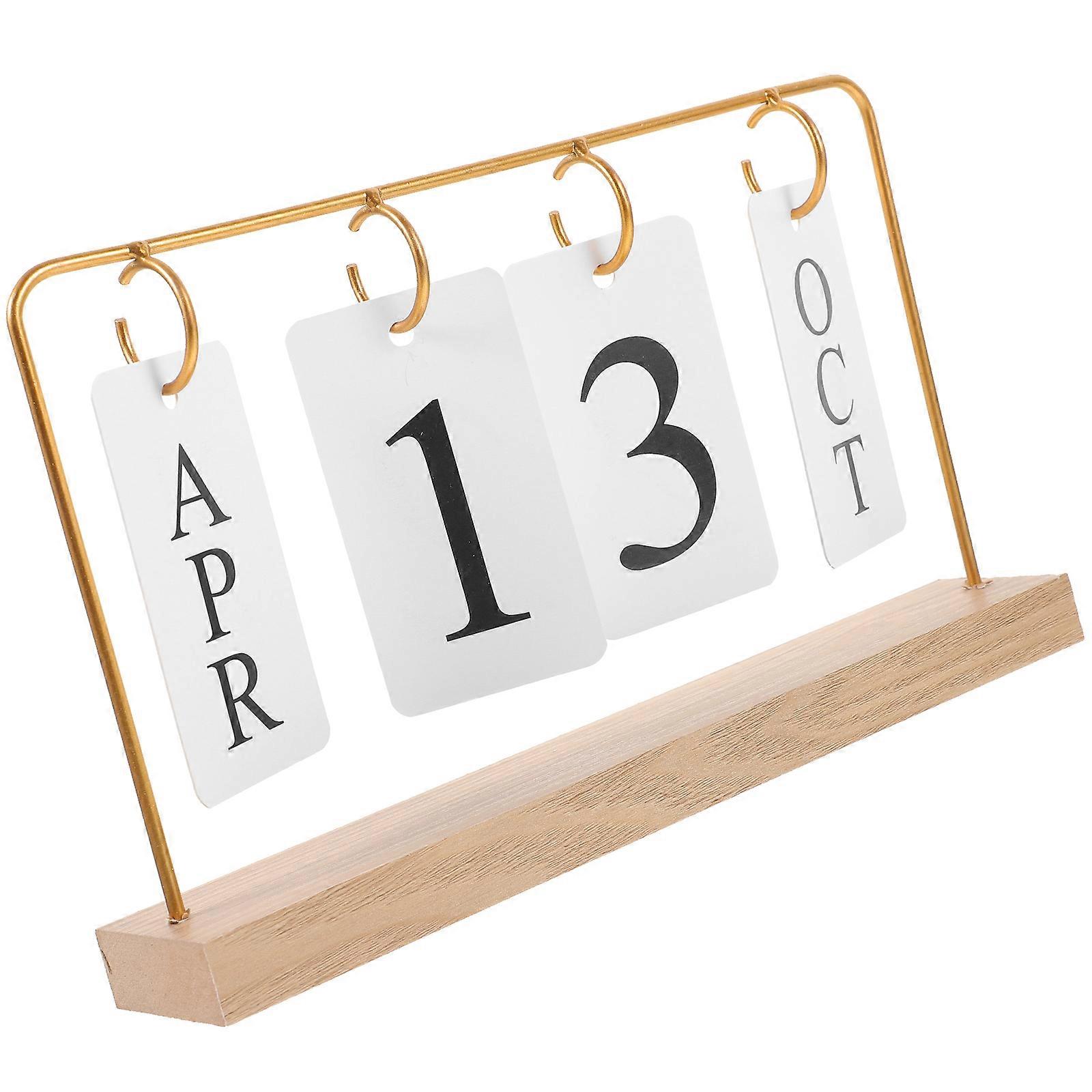 Wooden Flip Desk Calendar with Gold Base Perpetual Date Month Display for Home Office, School and Hotel Farmhouse Style Artistic Design Easy to