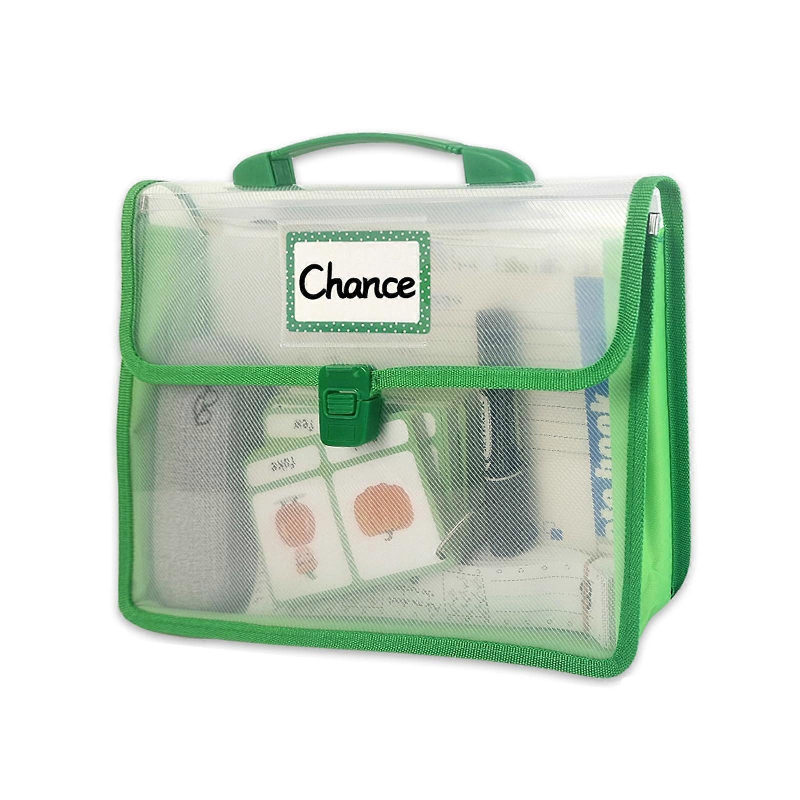 Portable Project Bag for Students, Green File Storage Case with Transparent Label Window, 31 x 5.5 x 23 cm