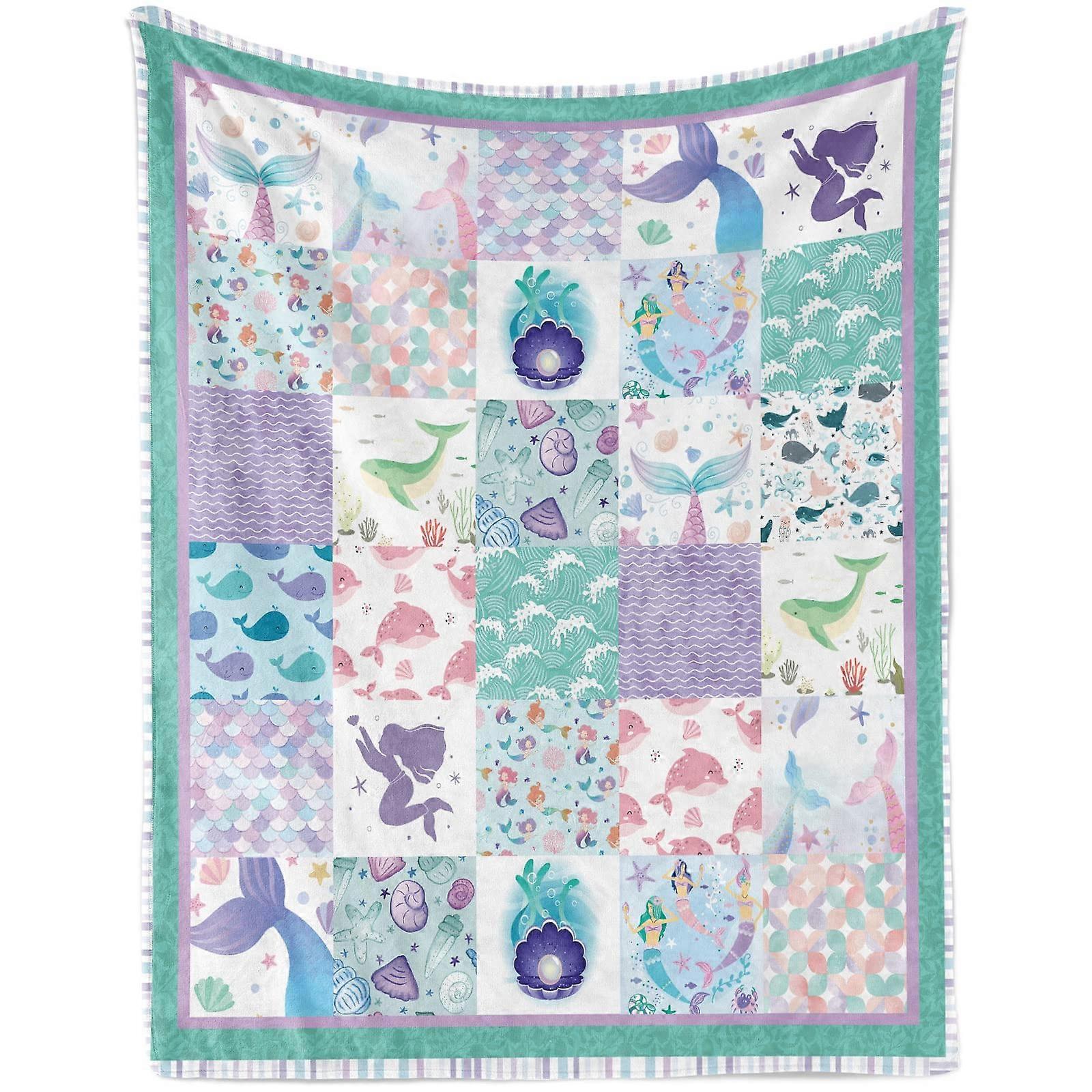 Mermaid Throw Blanket for Baby Girls, Soft Plush Flannel Toddler Blanket, Purple Green Cartoon Cozy Kids Sofa Gift