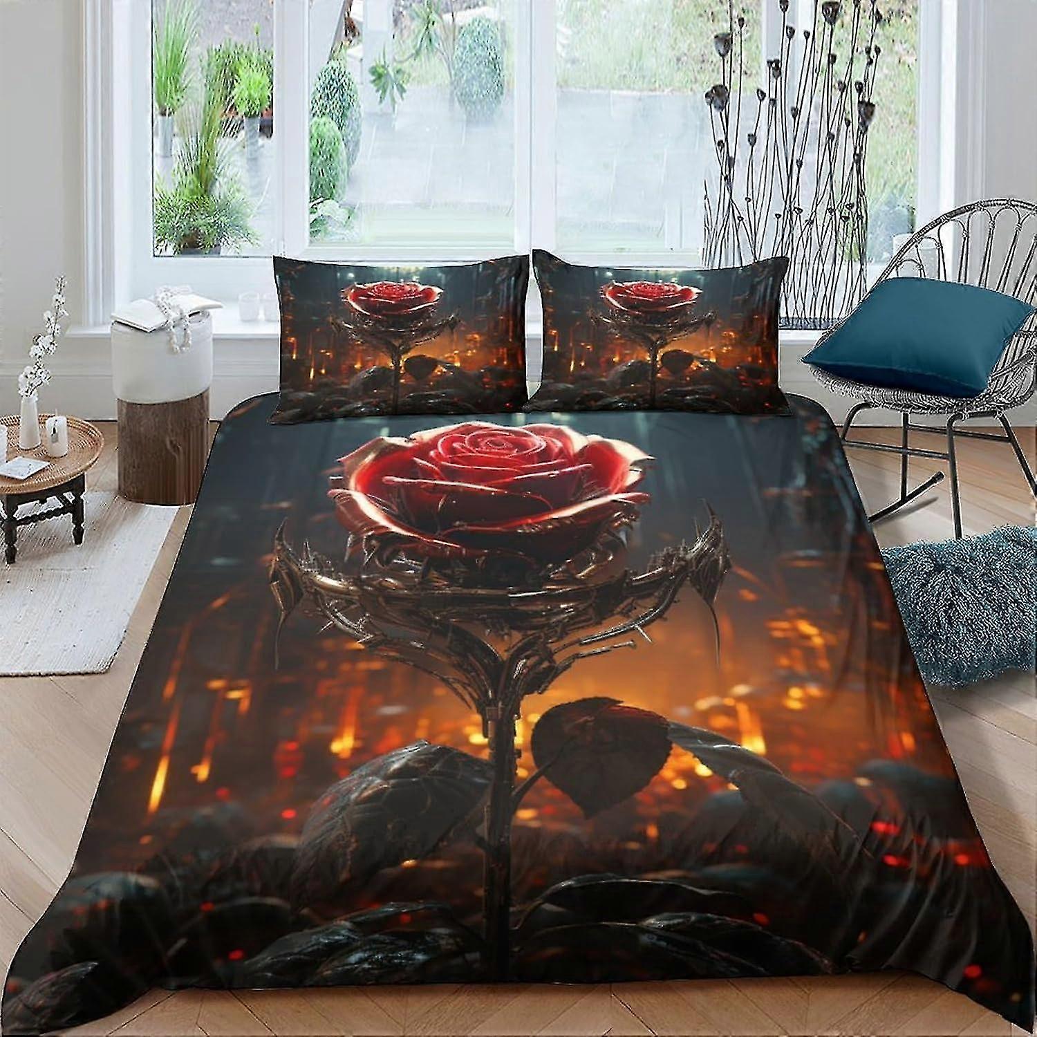 Gothic Rose 3D Printed Quilt Cover Set for Kids and Teens, Soft Microfiber Bedding with Zipper Closure, 3 Piece Double Set