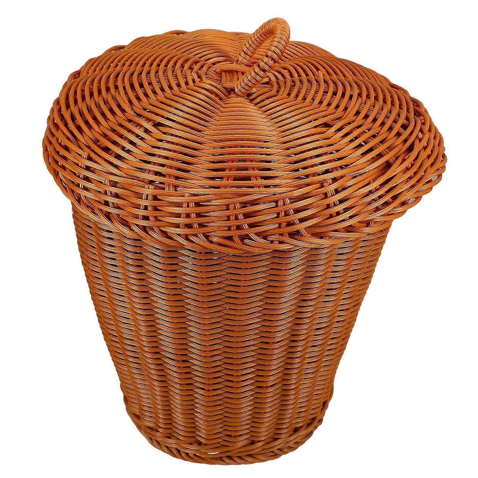 Rustic Woven Storage Basket with Lid – Lightweight Imitation Rattan Trash Bin for Home, Laundry, and Organization Use
