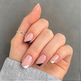 24 Pieces Square False Nails Short Style, White And Black Short French Nails, Fashionable False Nail Strips