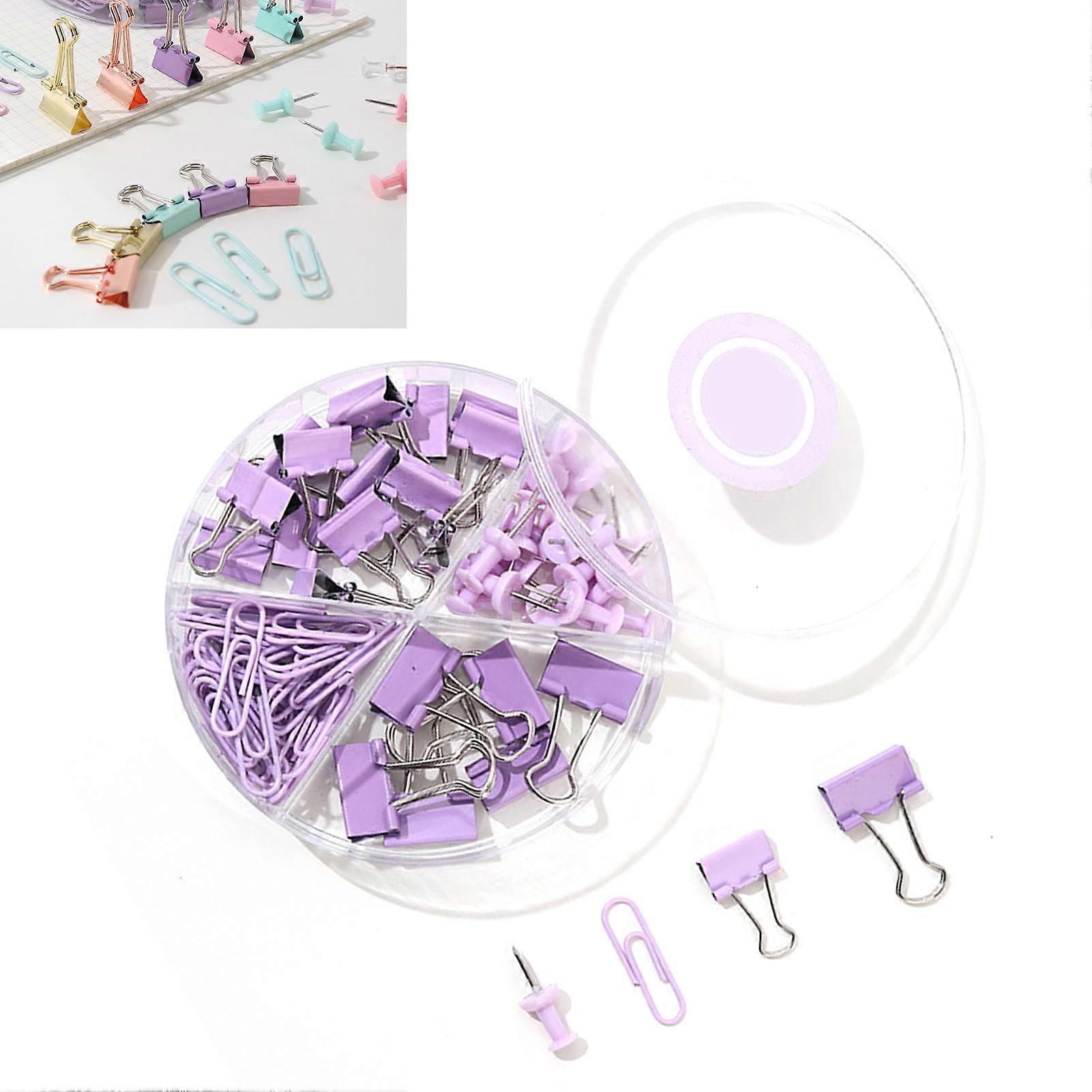 Paper Clips Binder Clips Assorted Multifunction Push Pins Sets with Box for Office School Document Lavender