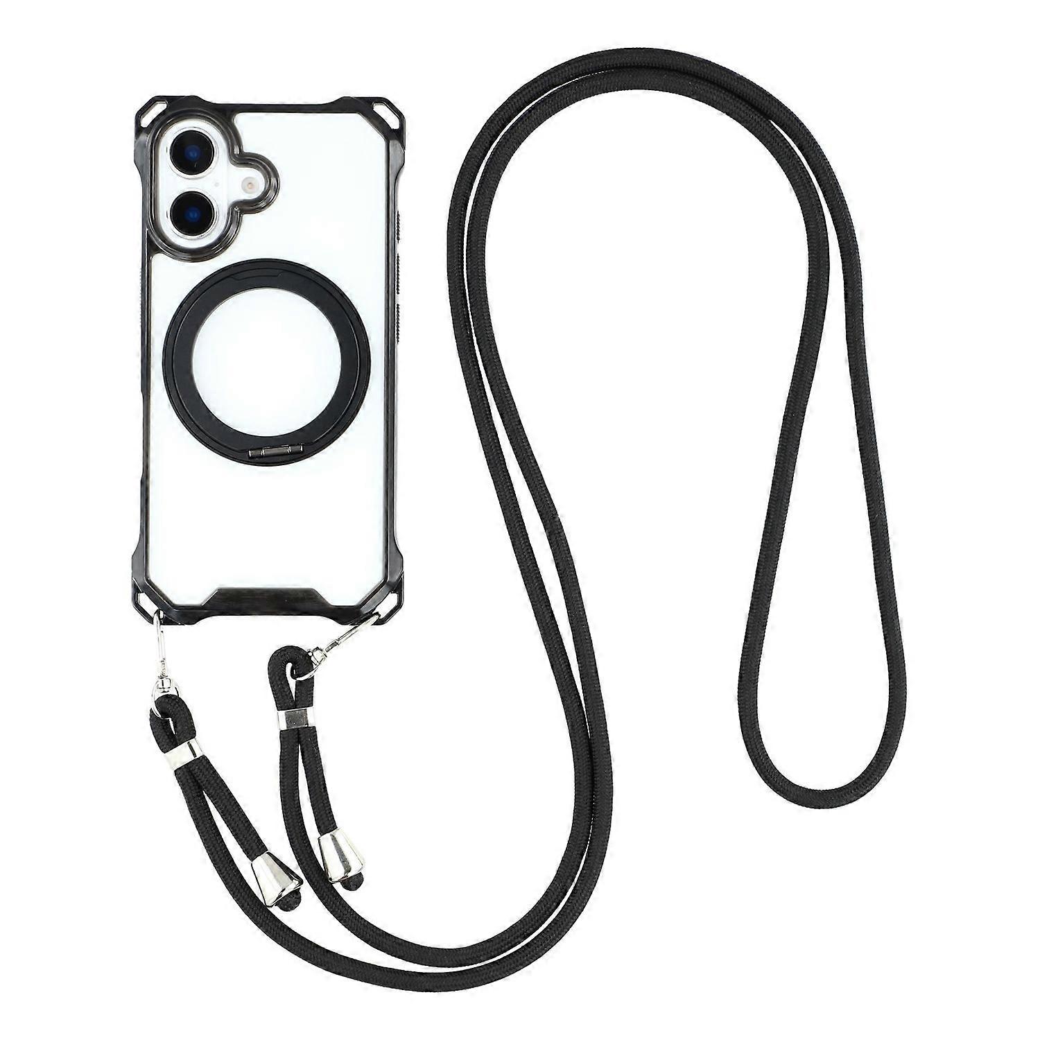 For iPhone 16 Magnetic Case Ring Kickstand TPU+PC Phone Cover with Lanyard