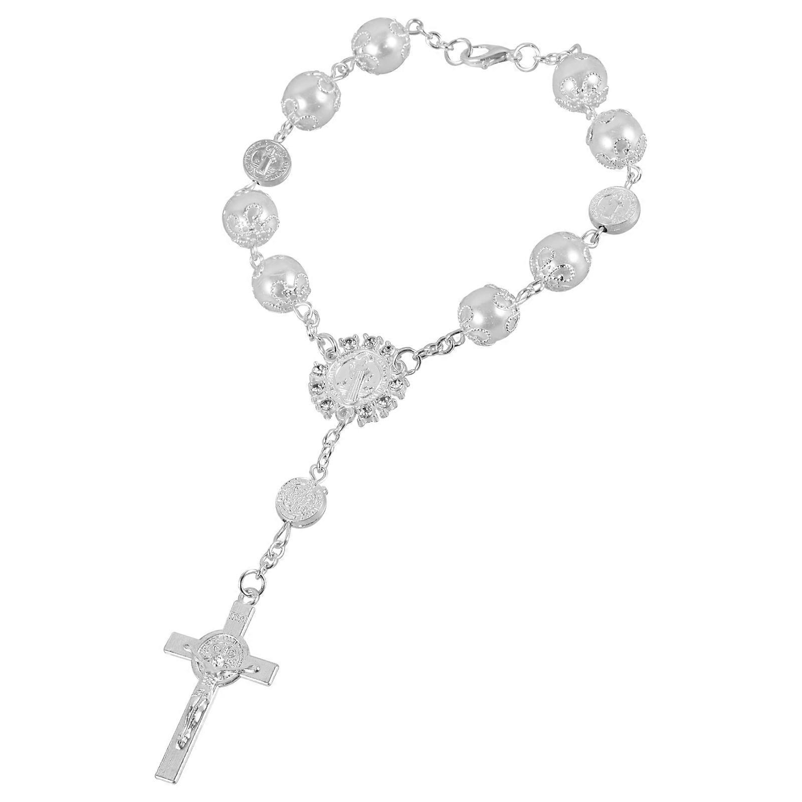 Car Rosary Bracelet Alloy Rearview Mirror Hanging Accessory with Cross Pendant, Durable Ornament Compatible with Various Vehicle Models, Stylish