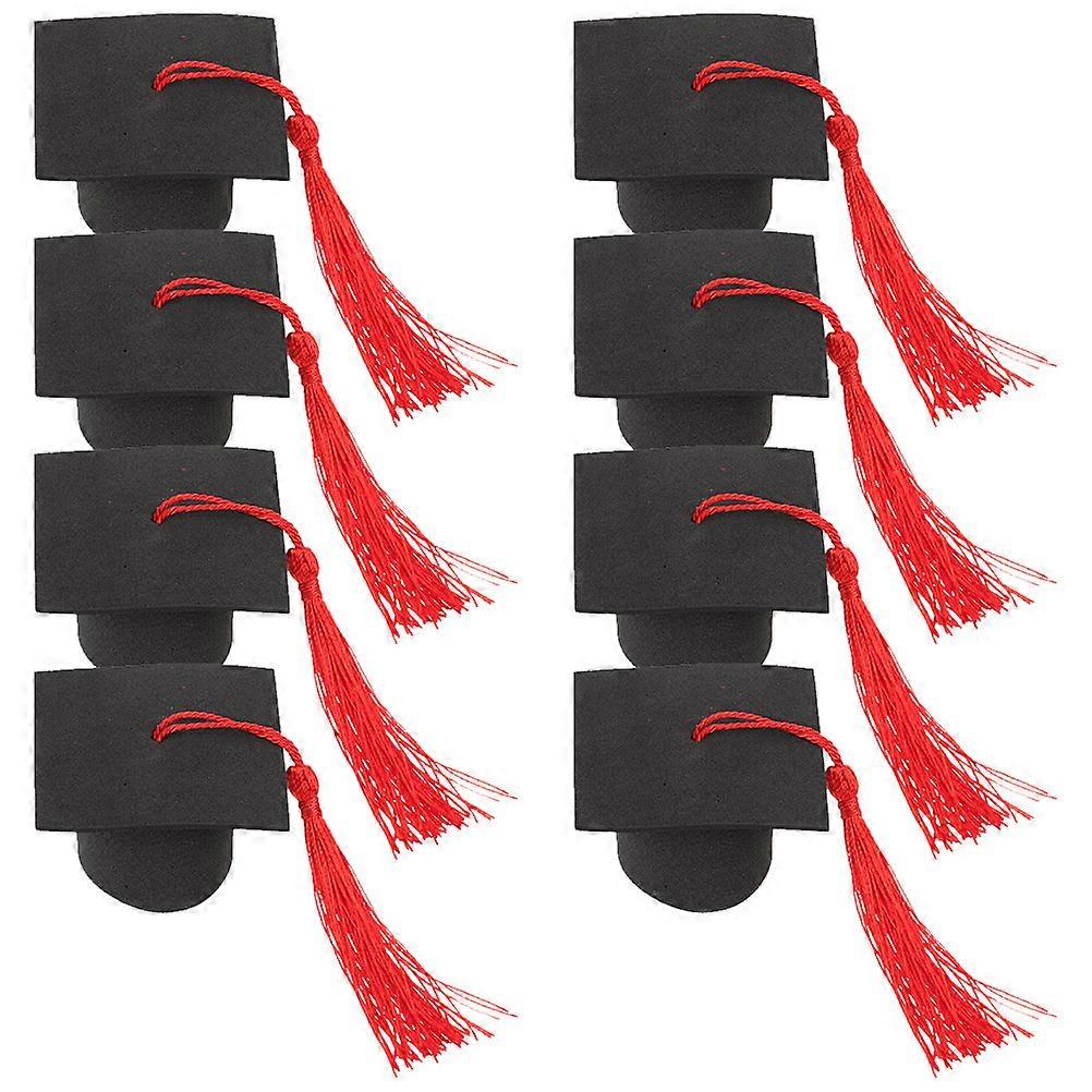Graduation Cake Toppers with Mini Grad Cap and Tassels for Decor Red Paper and Polyester 8 Pieces