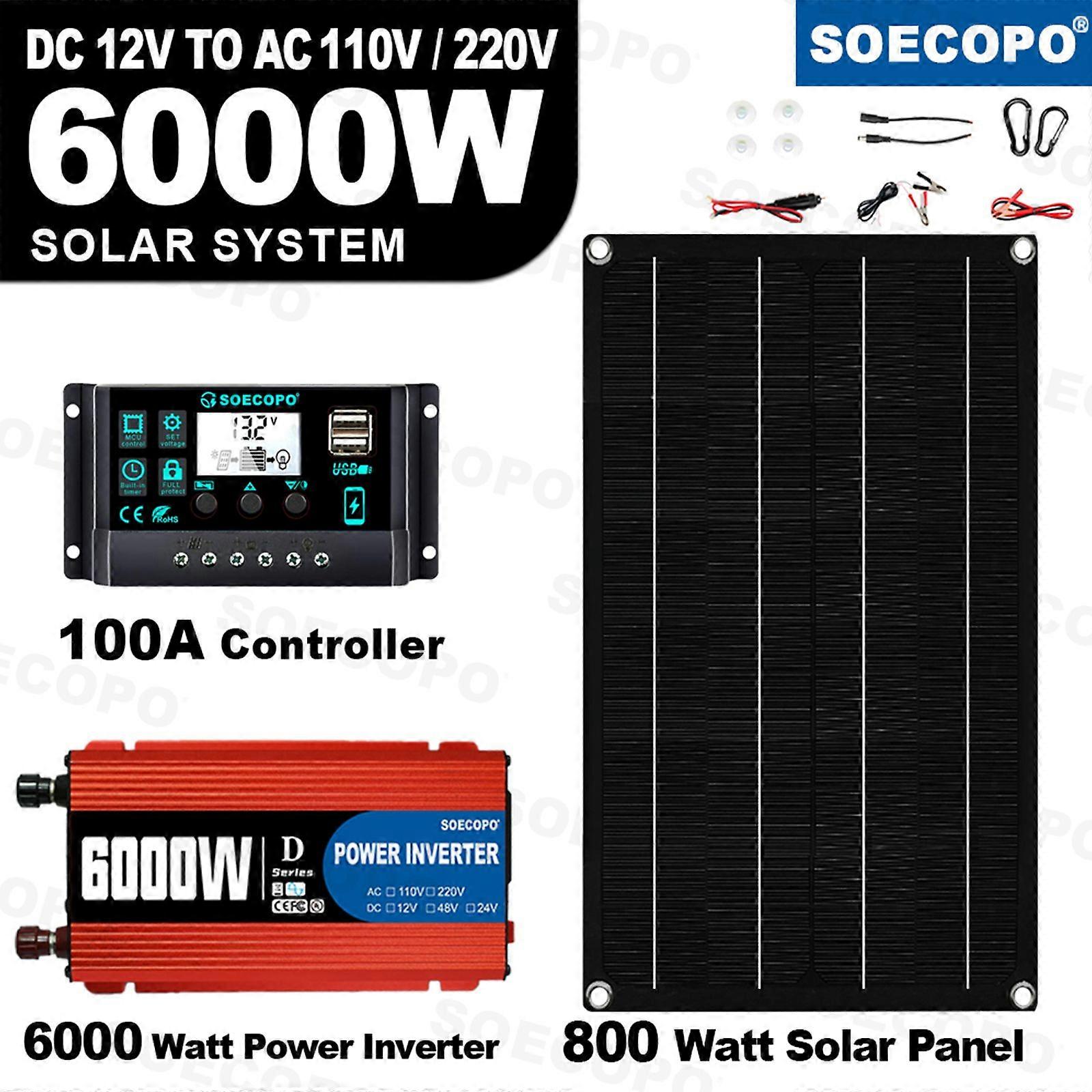 6000W teollinen taajuusmuuttajaaurinkosähkön tuotantojärjestelmäpaketti800W yksikiteinen piipaneeli + 100A MPPT-ohjain12V/24V - 110V/220V 