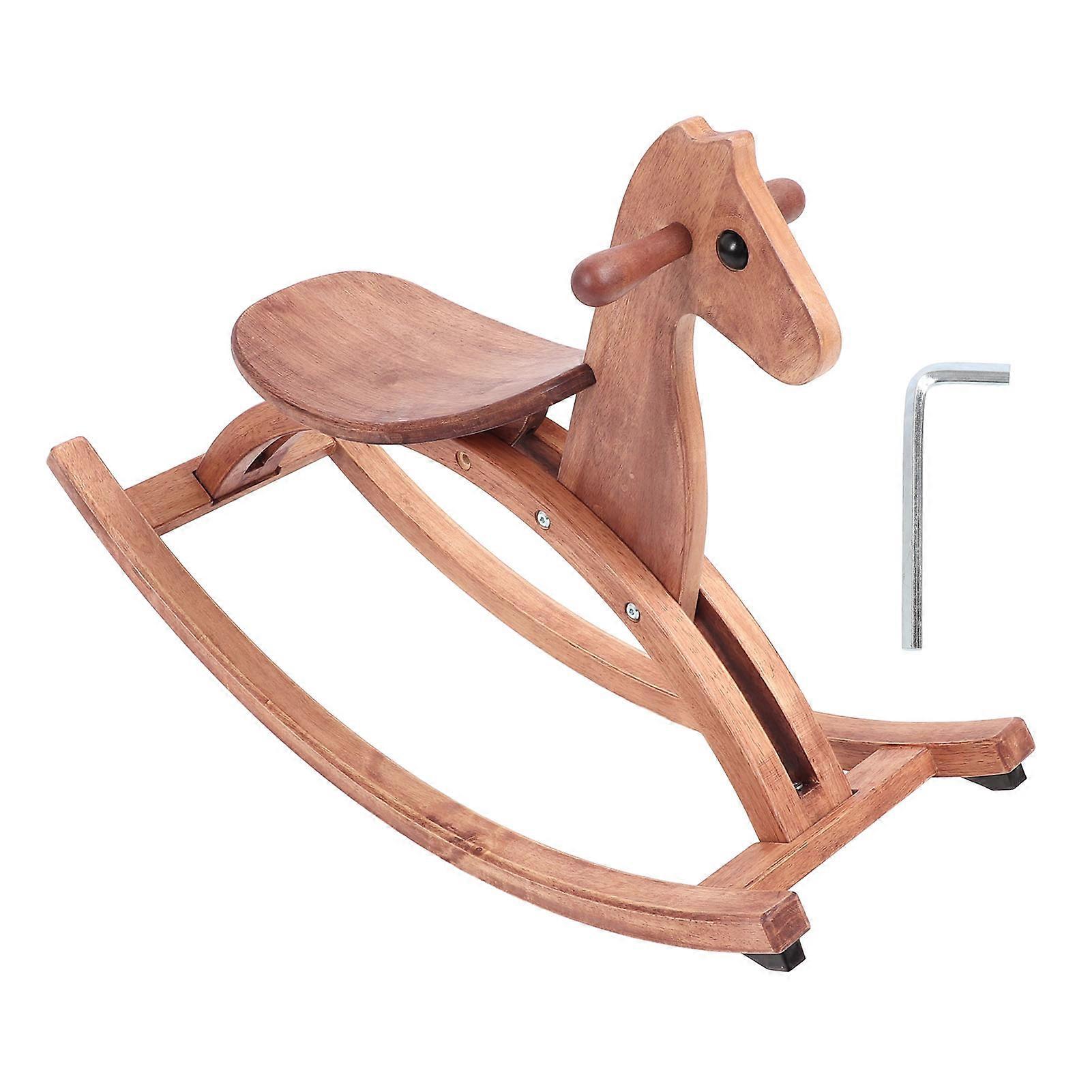Kids Wooden Horse with Saddle and Handle Rocking Horse Chair Ride On Toy for Daily Entertainment Interaction Walnut Wood Color