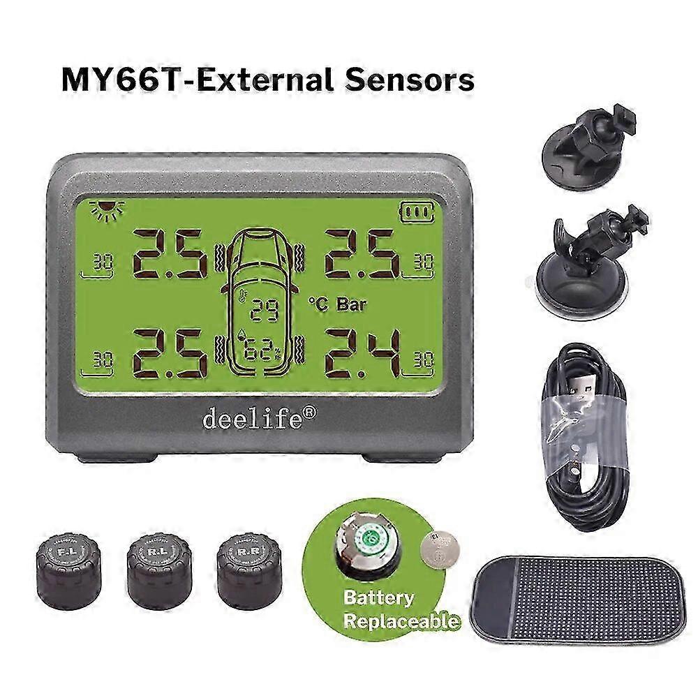 Deelife Car Tpms Solar Tire Pressure Monitoring System For 4 Wheel Alarm Warning With 0-8 Bar Tyre Tmps 4 Sensors