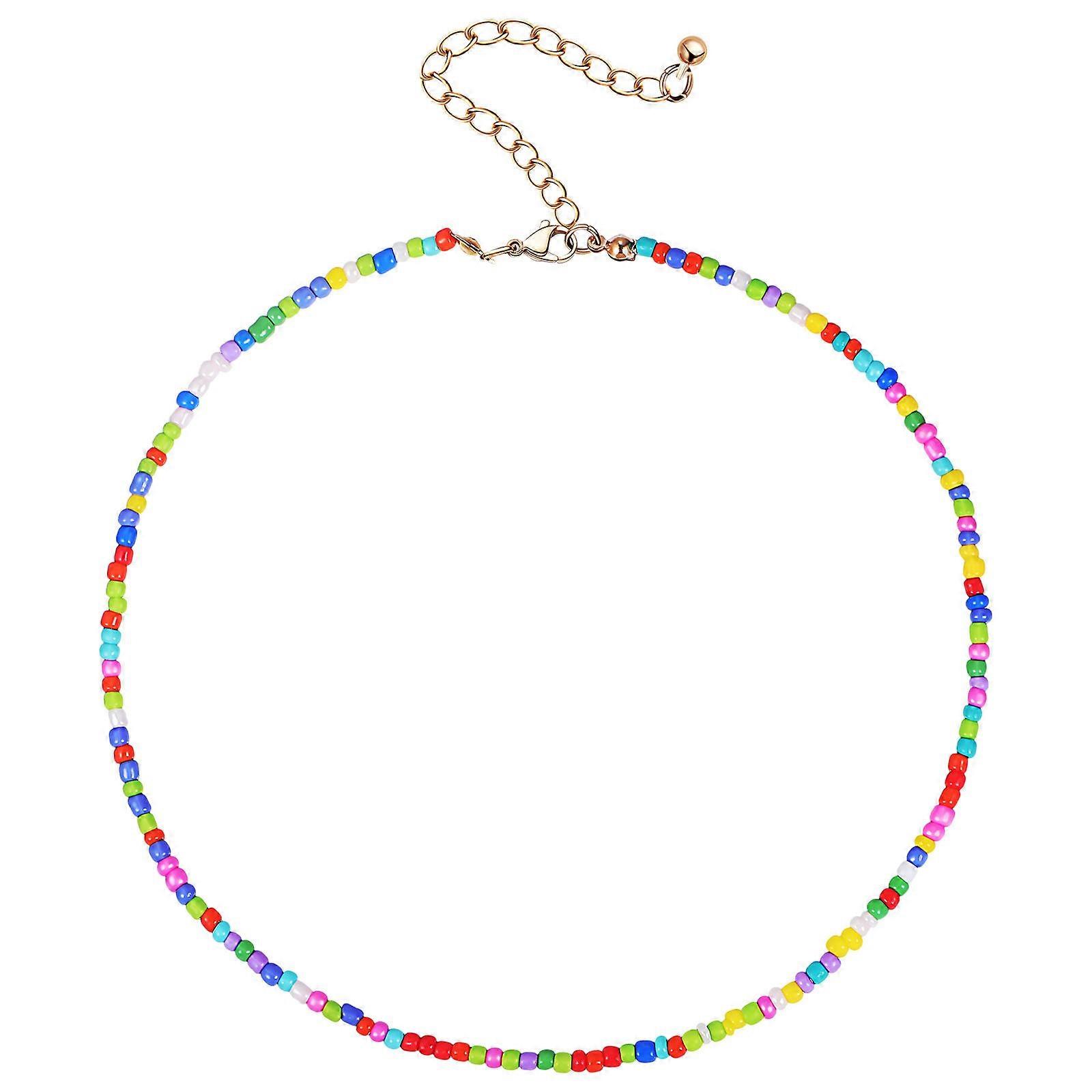 1Pc Individual Character Beaded Single  Layer Necklace Simple Color Rice Bead Necklace (Colorful)