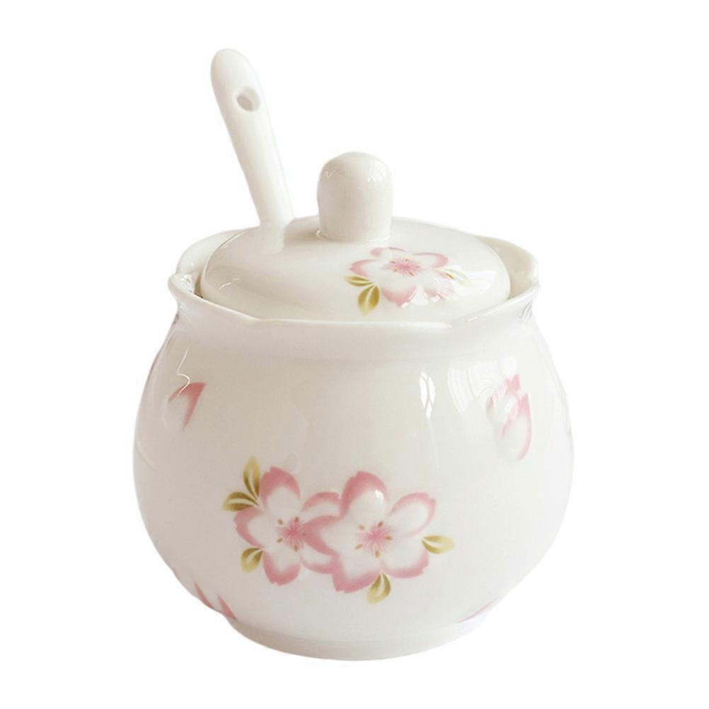 Kitchen Spice Jar With Spoon Lid For Condiment Storage White Ceramic 1Pcs
