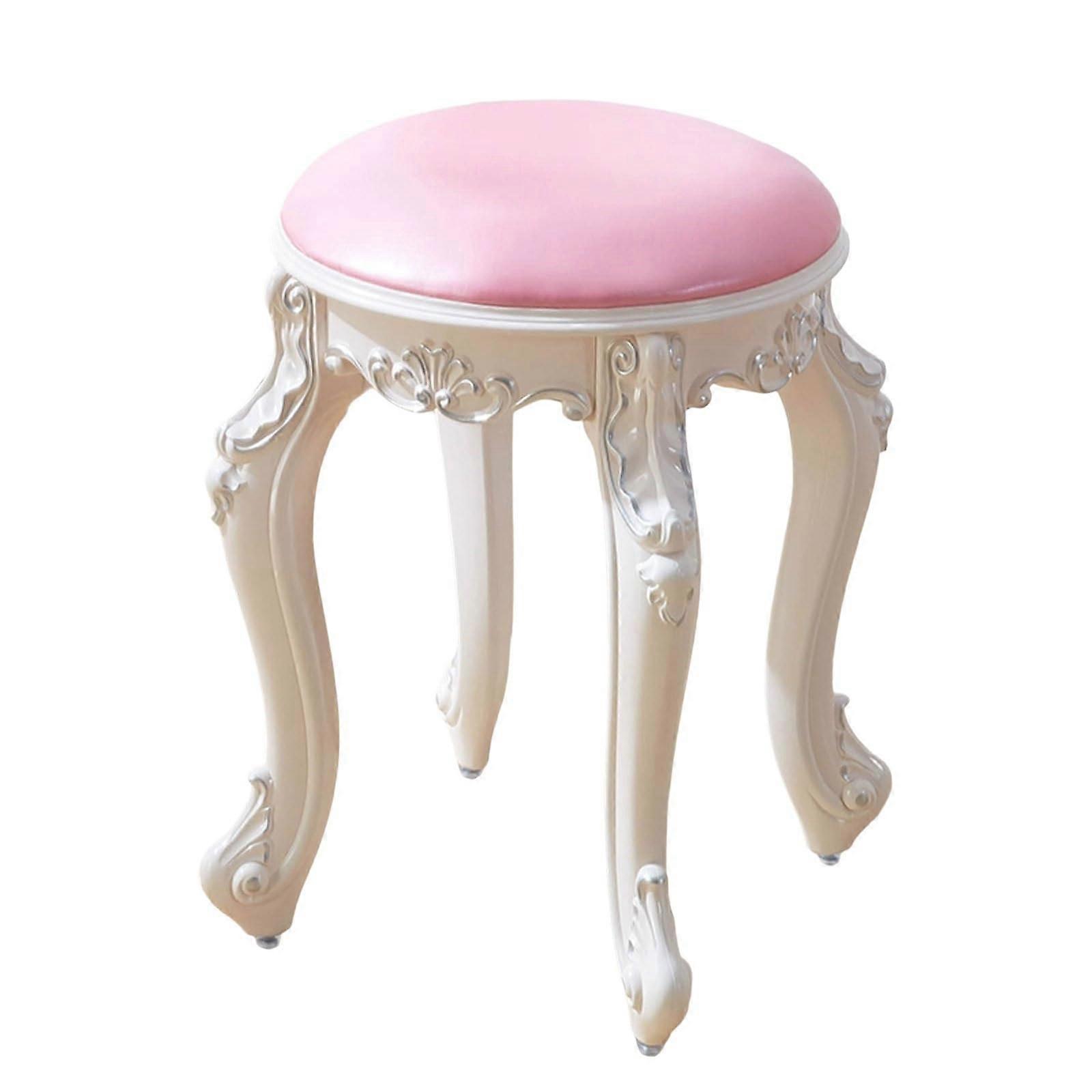 Modern Round Vanity Chair 43cm Seat Height Pink PU Leather Portable Makeup Stool Scandinavian Style Vintage Footstool for Small Spaces