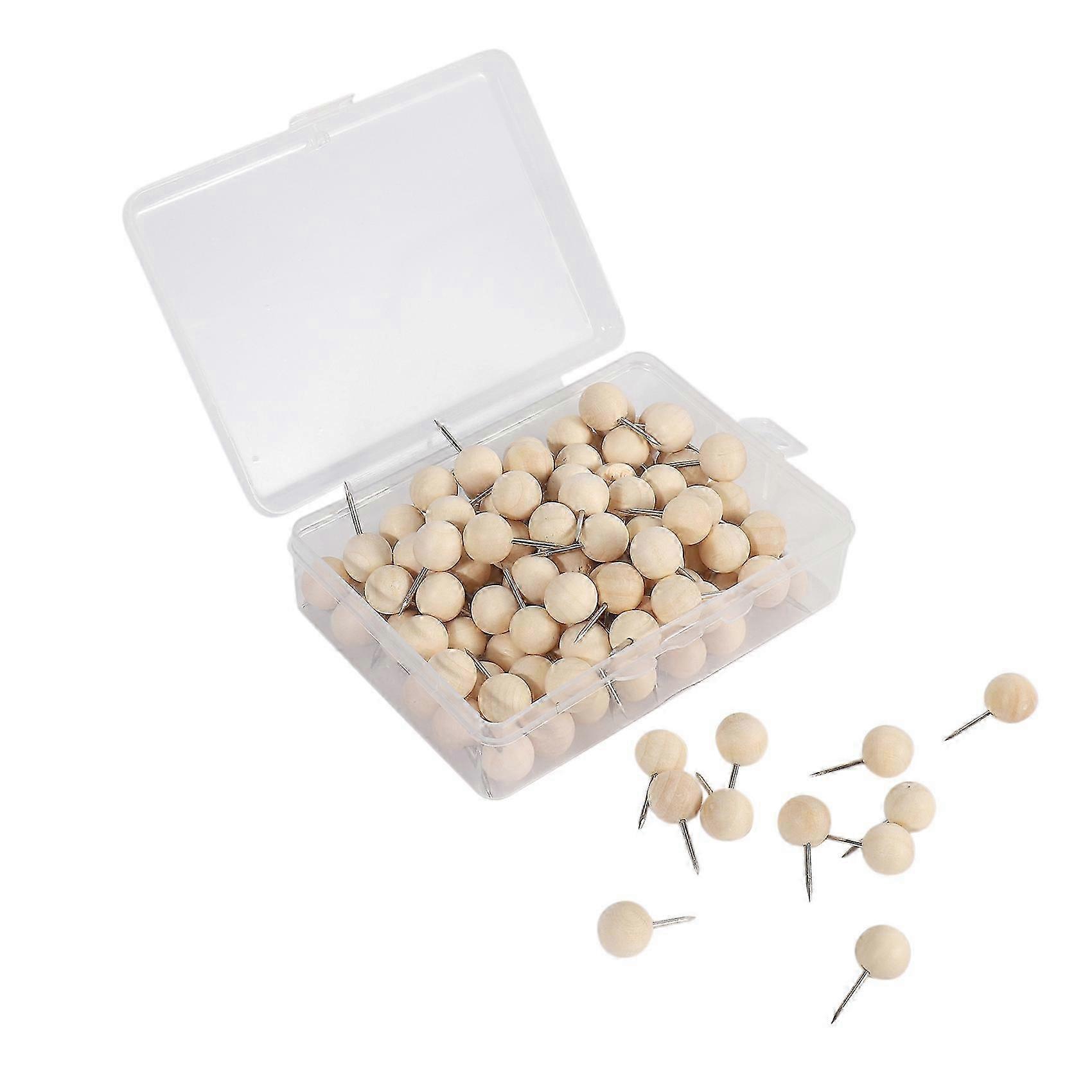 130pcs Round Wood Decorative Push Pins, Wood Head and Steel Needle Point Thumb Tacks for Photos, Maps and Cork Boards