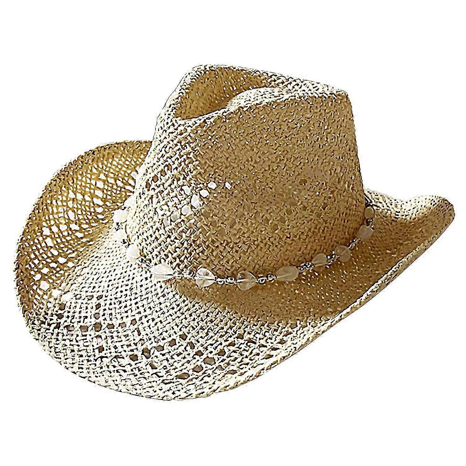 Summer Straw Hat Hollow Out Foldable Adjustable Bead Decor Curled Edge Windproof Strap Western