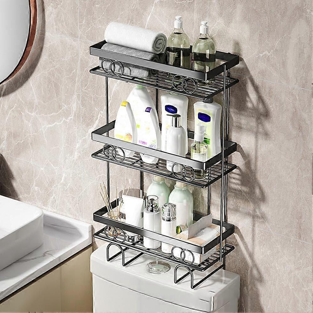 Over Toilet Storage Unit 3Tier Black NoDrill Bathroom Shelf Organizer 34cm With Soap Razor Holder