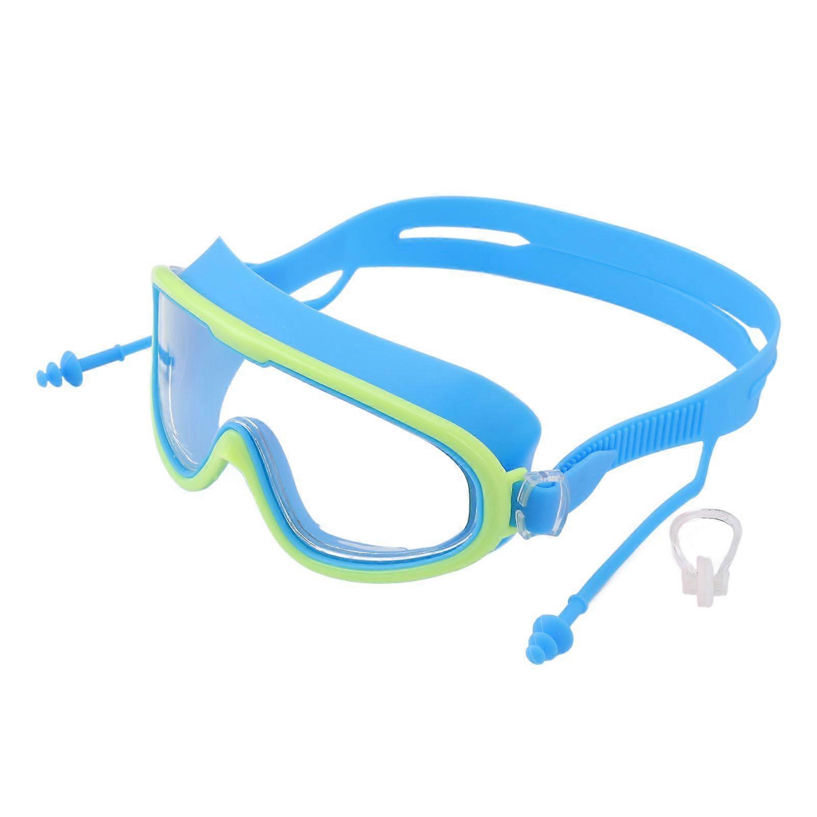 Kids Swimming Goggles Large Frame Waterproof Non Fog HD Swim Supplies with Nose Clip Light Blue