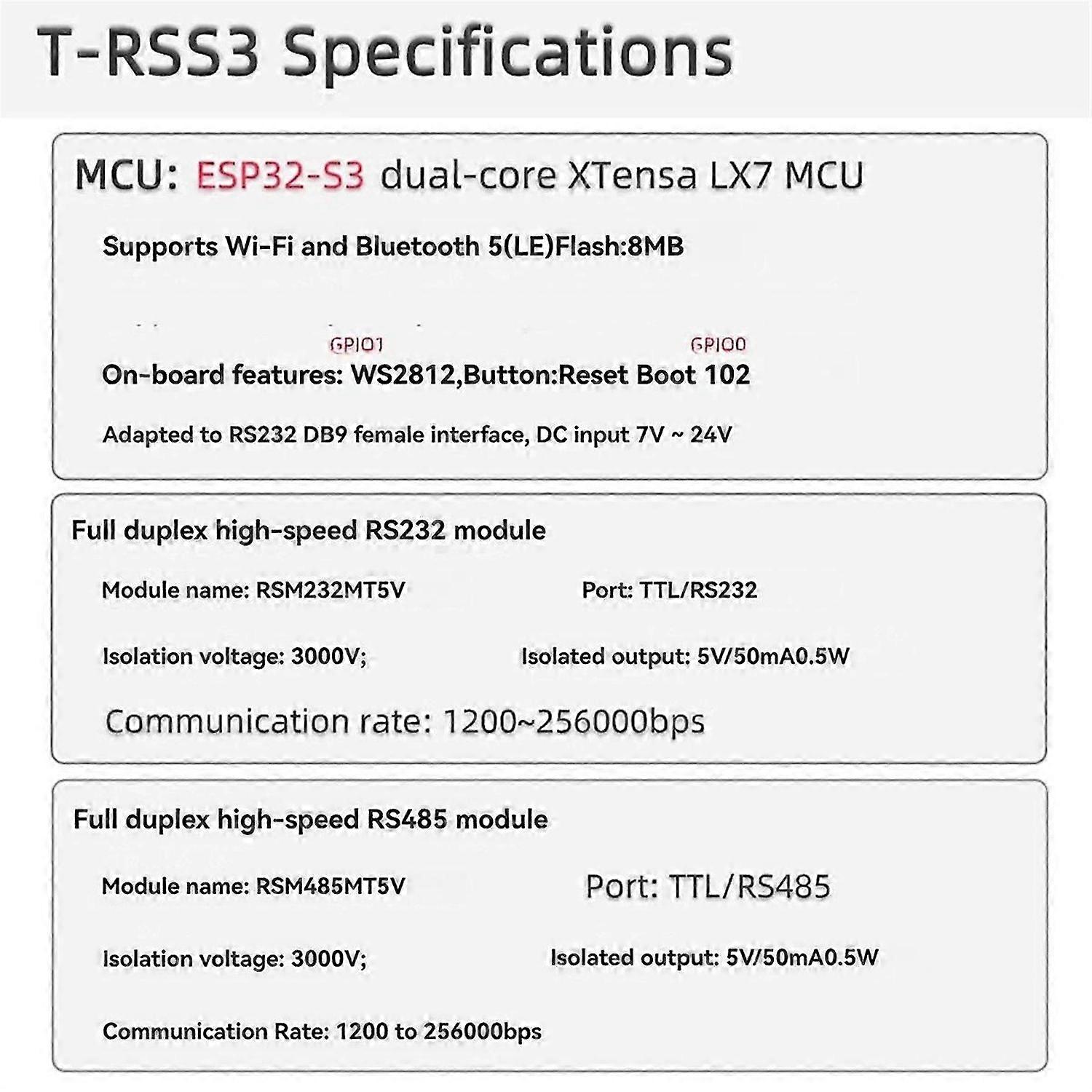 LILYGO T-RSS3 ESP32-S3 Entwicklungsboard RS232 RS485 5V Modul On-Board WS2812 Wi-Fi Bluetooth 5.0 T