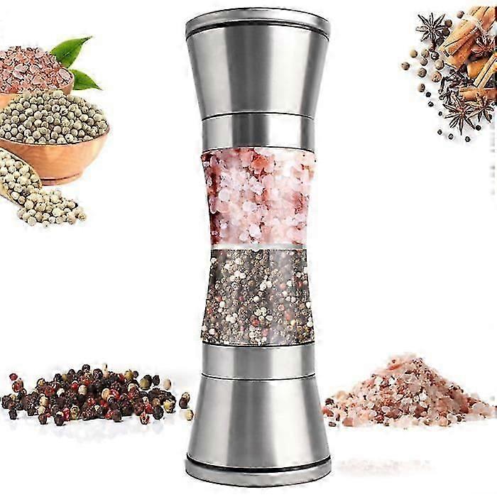 Pepper Mills, 2 In 1 Manual Salt Mill, Double Head Ceramic Spice Grinder, Chili Mill, Salt Shaker, Stainless Steel Pepper Shaker (1Pc)