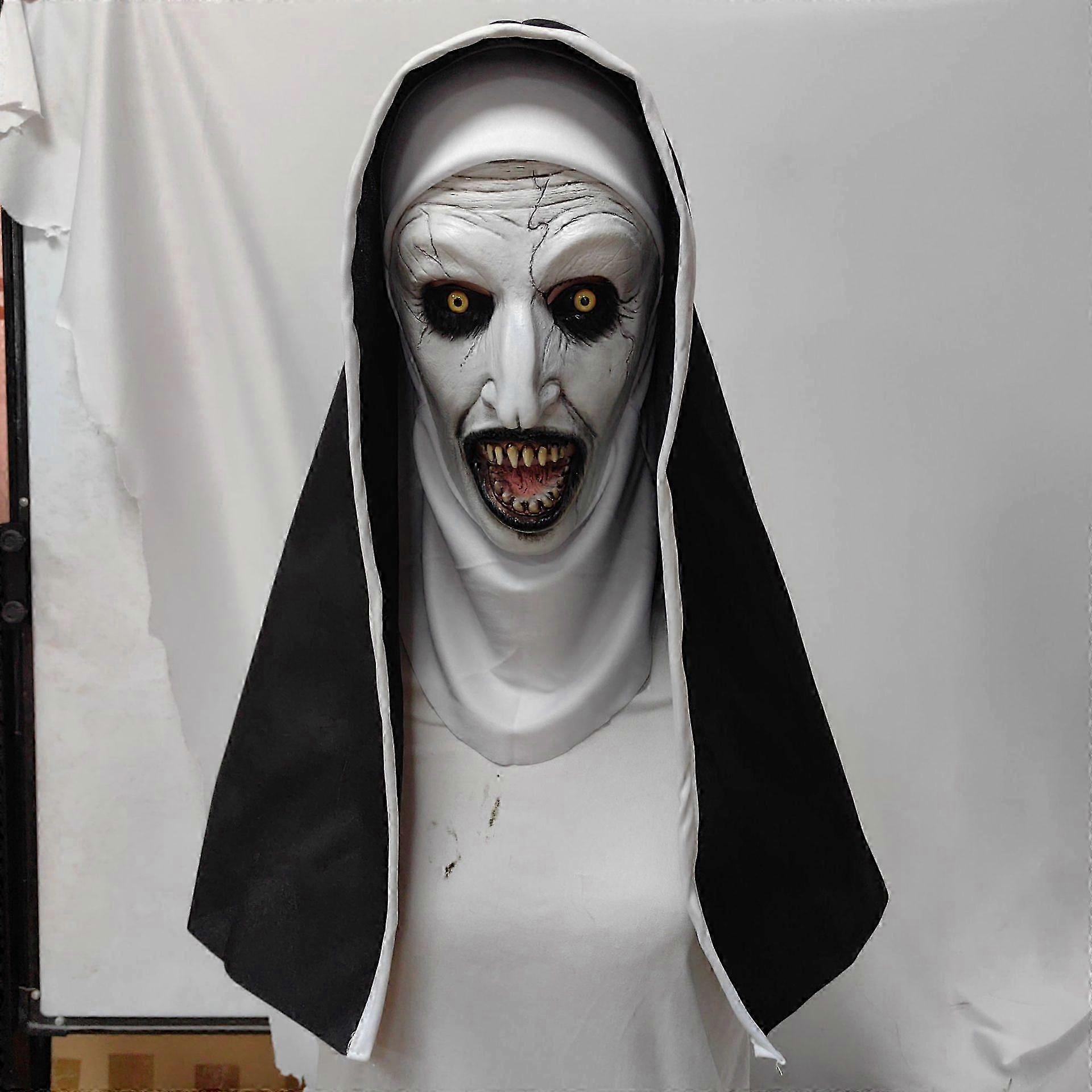Glow in The Dark Nun Mask Halloween Scary Costume Party Latex Open Mouth Nun Headpiece