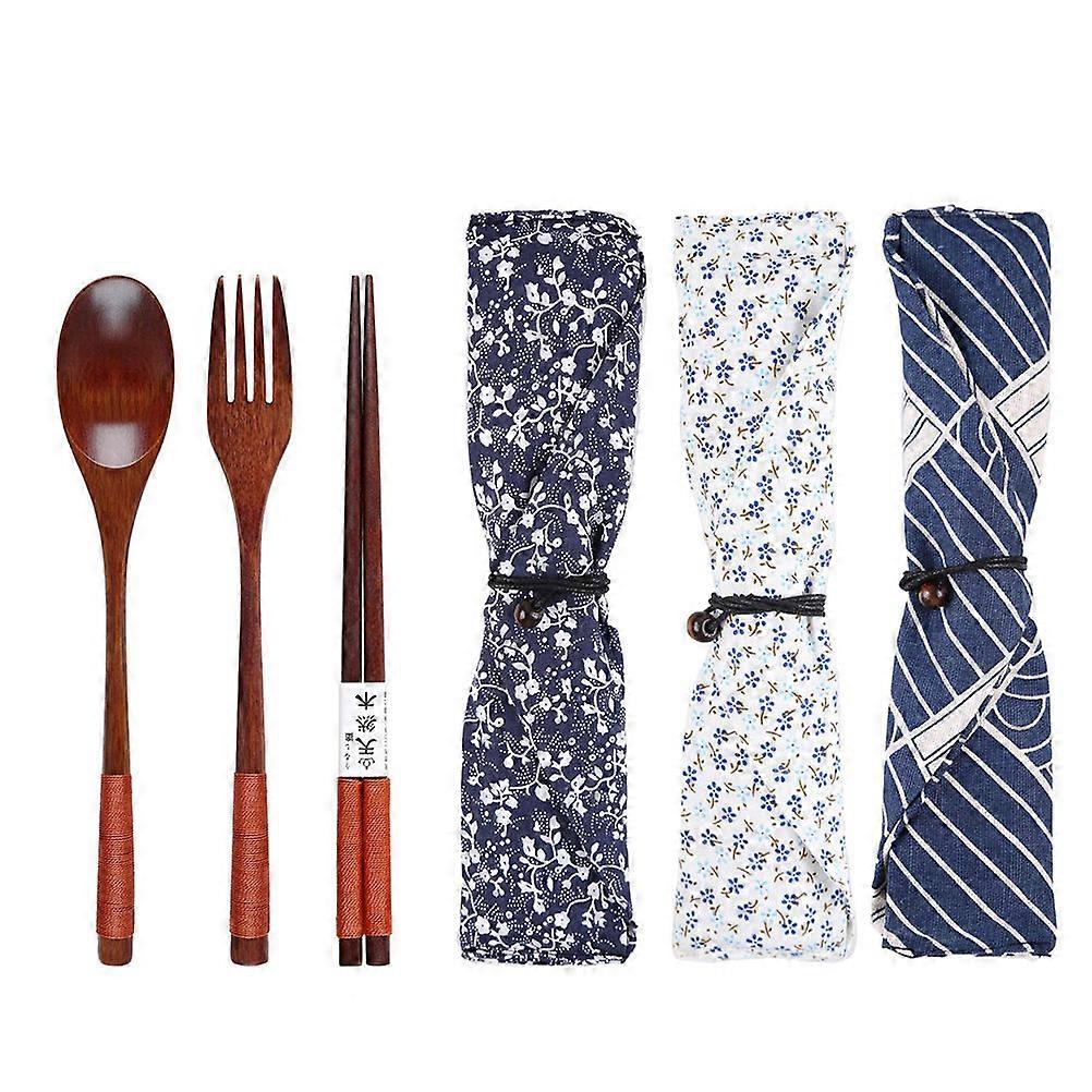 Portable Wooden Fork Spoon Set Ergonomic Handle 3-Piece Assorted Color Ideal for Home Dining