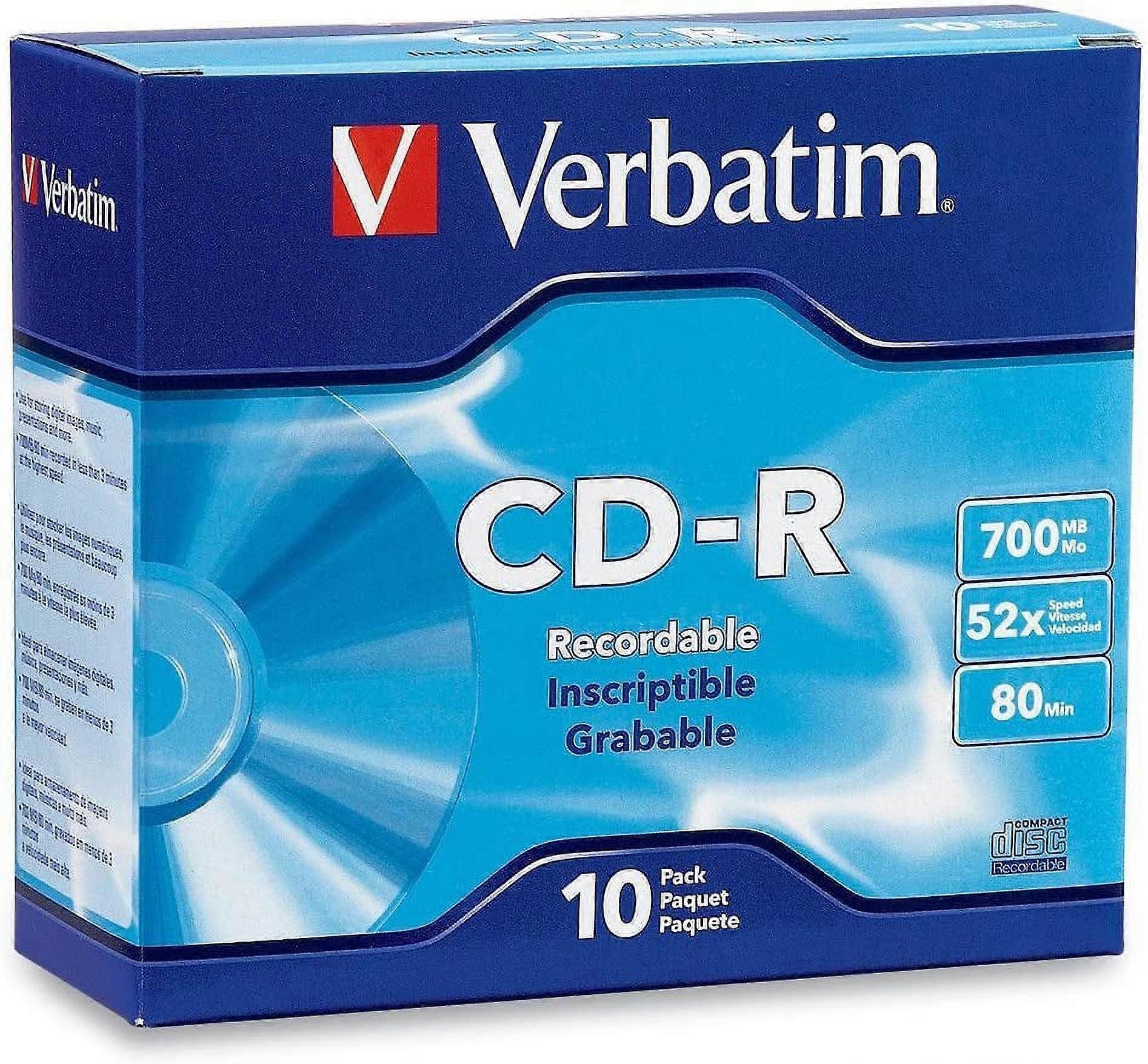 CD-R Blank Discs 700MB 80-Minutes 52X Recordable Disc for Data and Music - 10 Pack Slim Cases