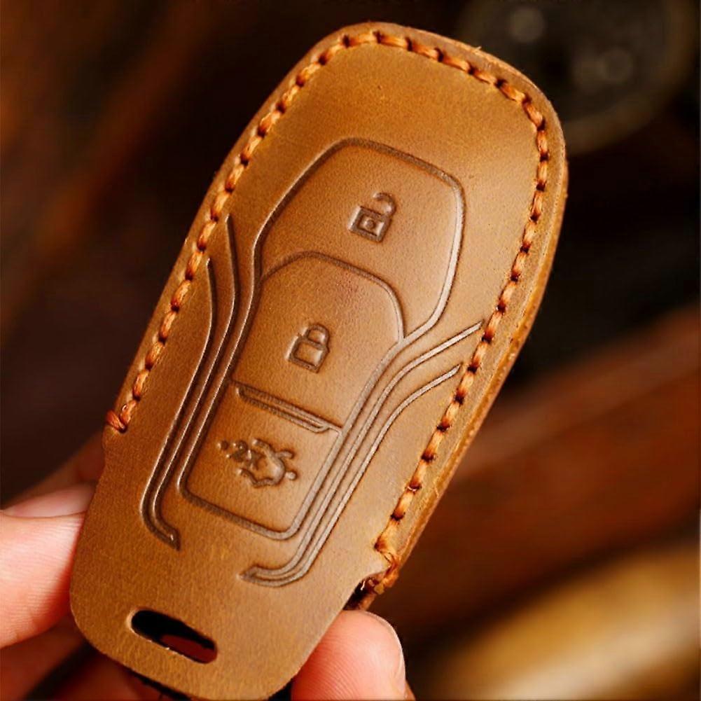 Leather Car Key Fob Cover with 3 Button Remote Case Fits Escort EcoSport Edge Expl Brown