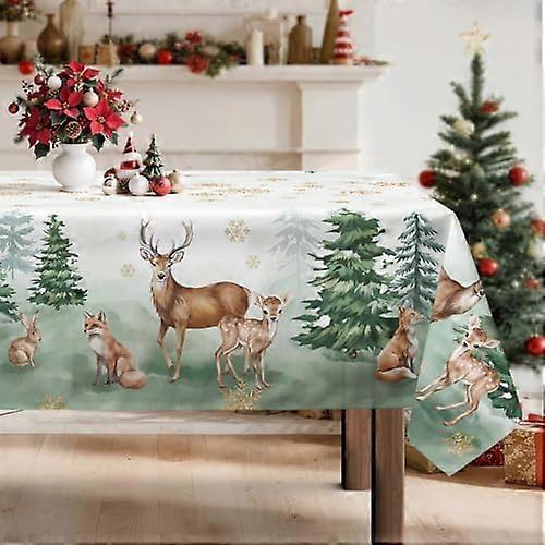 Winter Woodland Reindeer Tablecloth Waterproof, Forest Tree Stag Table Cloth Rectangle, Washable Table Cover for Christmas Party Home Kitchen Decorati