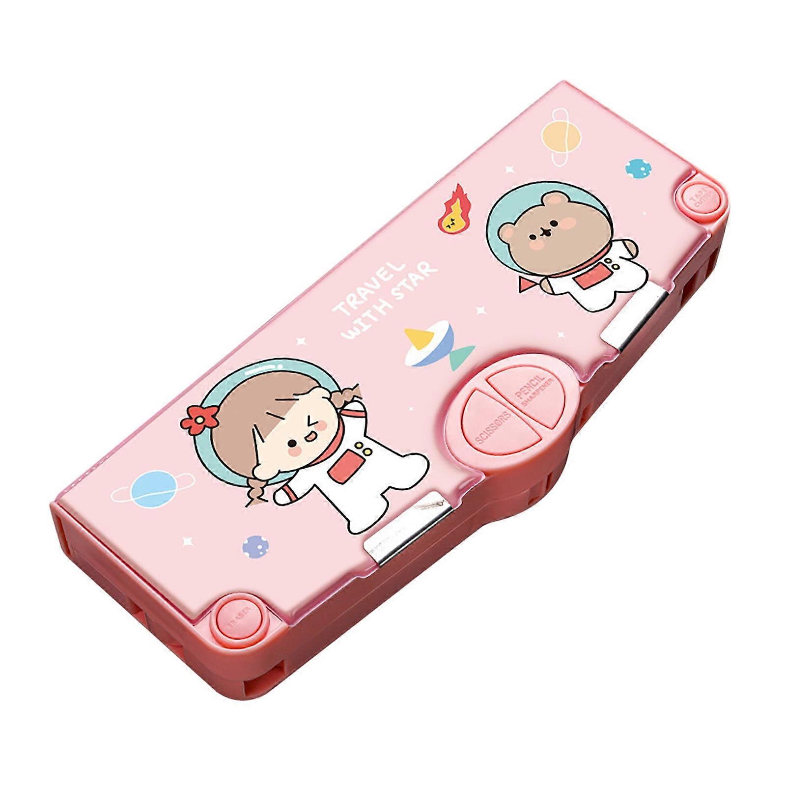 Multifunction Pencil Case, Pencil Box with 2 Compartments for Students - Cartoon Pattern Stationery Set with Pop Out Scissors and Pencil Sharpener