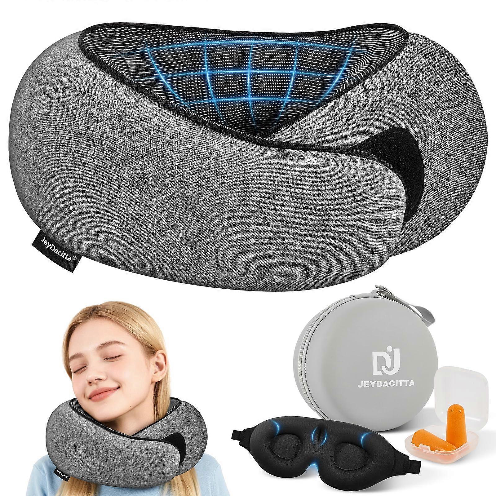Travel Neck Pillow with 360° Ergonomic Support, Memory Foam Airplane Pillow Set with Eye Mask and Earplugs