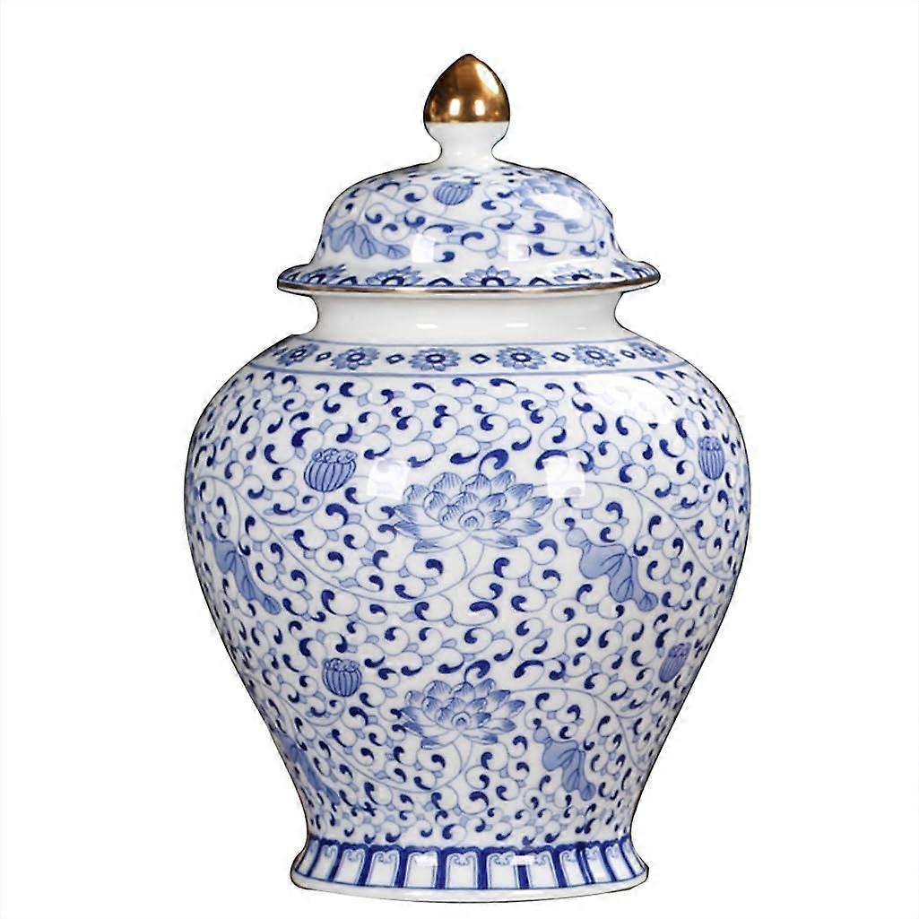 Porcelain Ginger Jar Blue and White with Lid, Chinese Temple Style Decorative Storage for Home