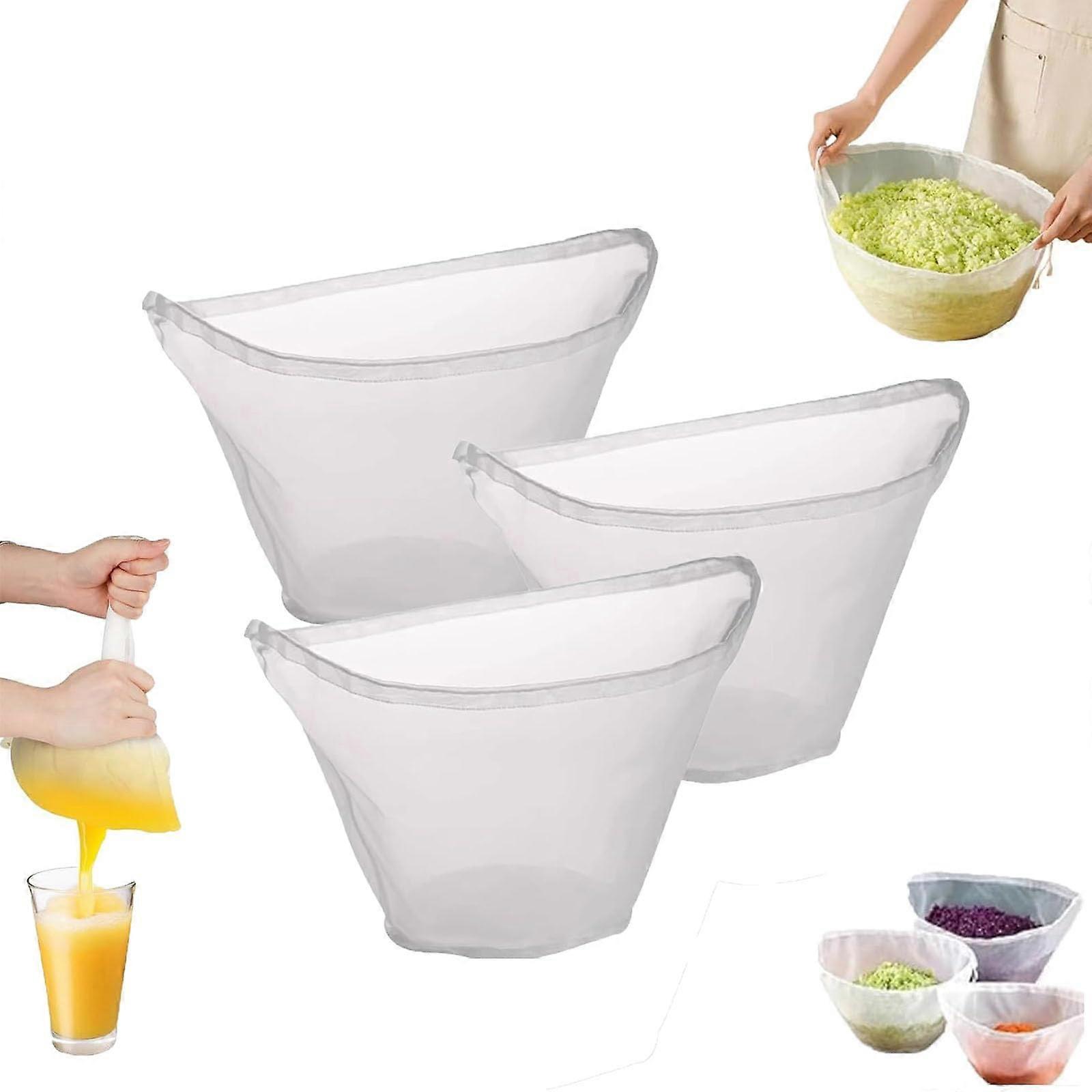 3PCS Nut Milk Bag Nylon Strainer with Fine Mesh Bowl Shape and Leakproof Drawstring for Juice