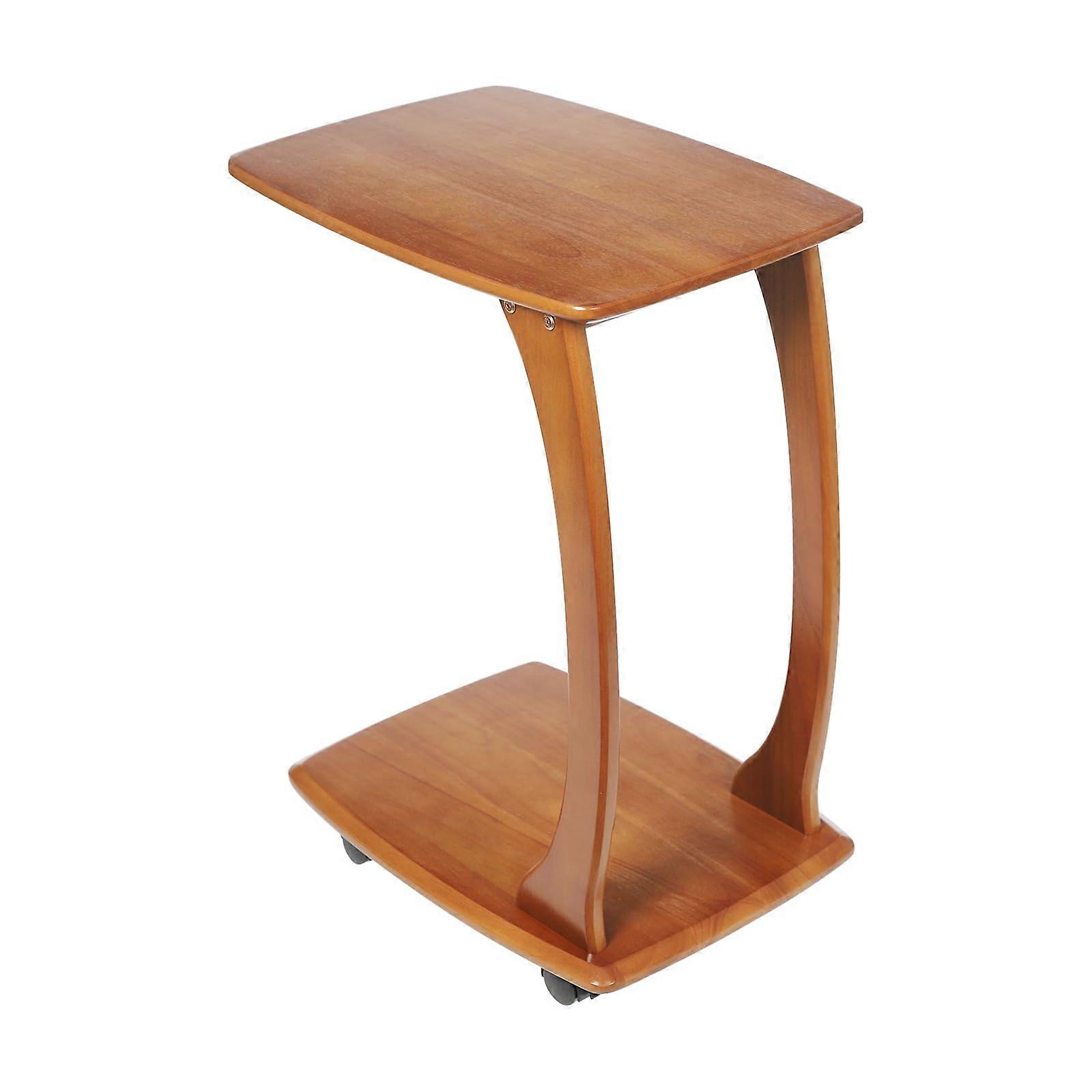 C Shaped Side Table with Wheels, Solid Wood End Table for Small Spaces, Walnut Sofa Couch Table