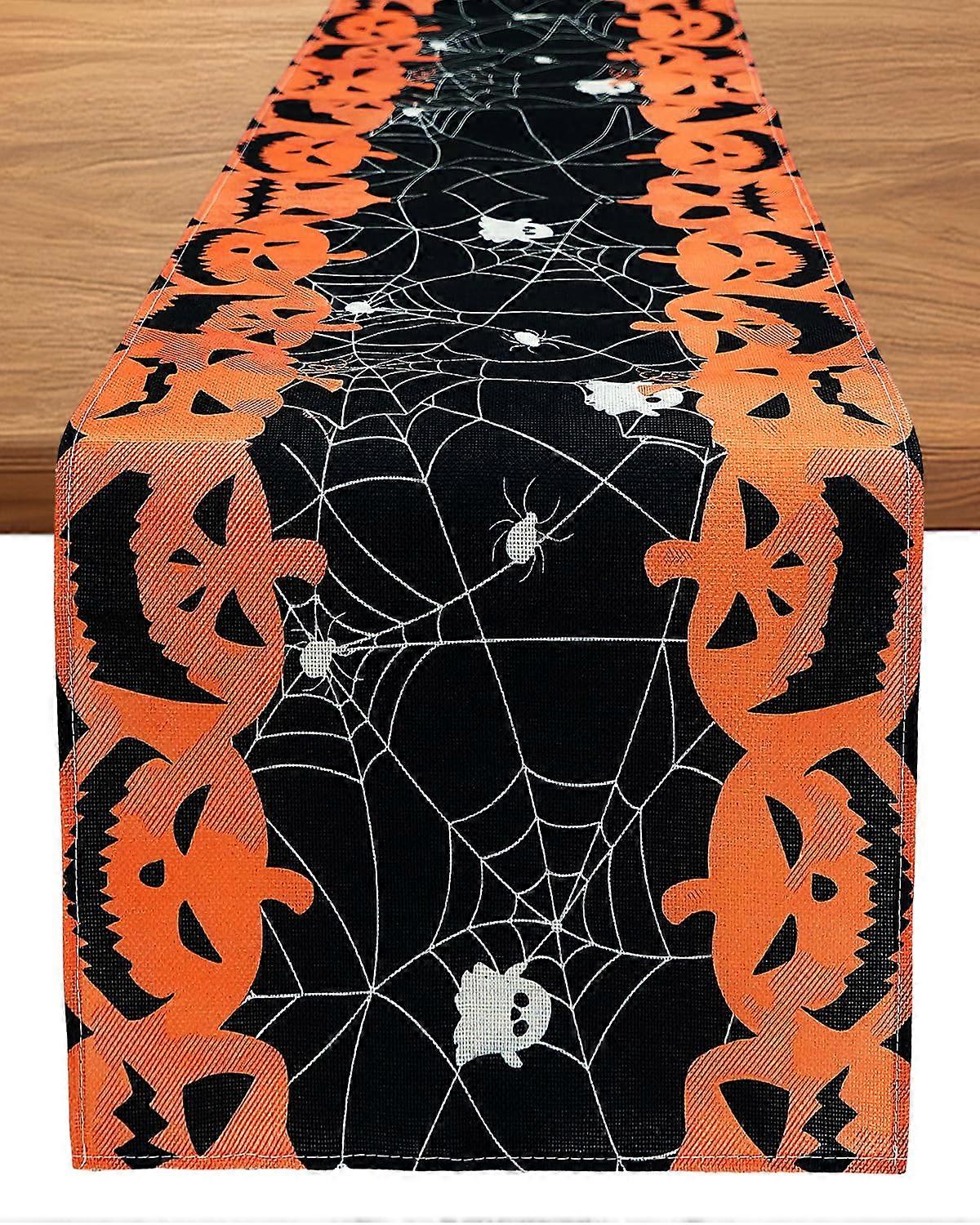 Halloween Table Runner with Pumpkins and Spider Web, Gothic Fall Decor for Dining Room, 13x72 Inch