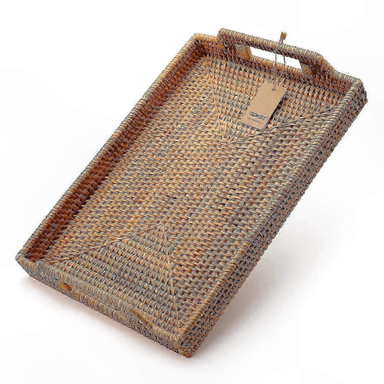 Rectangular Woven Serving Tray with Handles for Coffee Table Snacks and Drinks