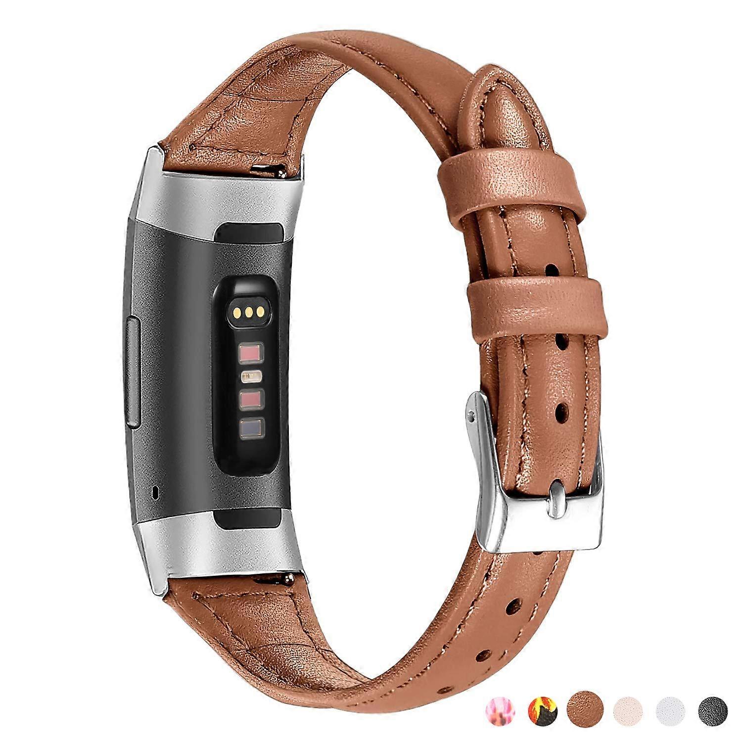 Leather Band Slim Brown  Replacement Strap Small Size Adjustable for Fitbit Charge 3