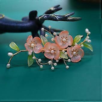 Girl's Handmade Hair Clip with Non-fading Glazed Beads Flower Design Metal Jewelry for Cheongsam Chinese Clothes Dress