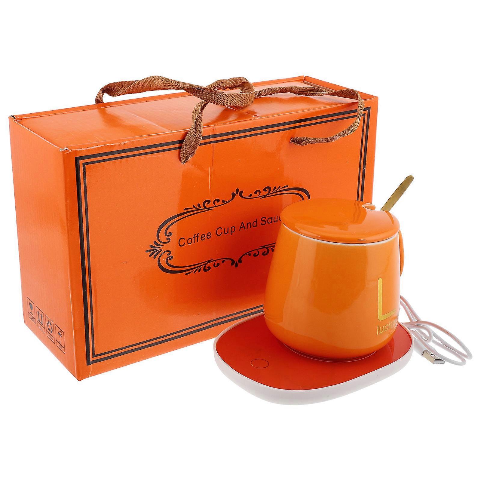 Orange Ceramic Coffee Mug with Electric Heating Function 1Set for Home