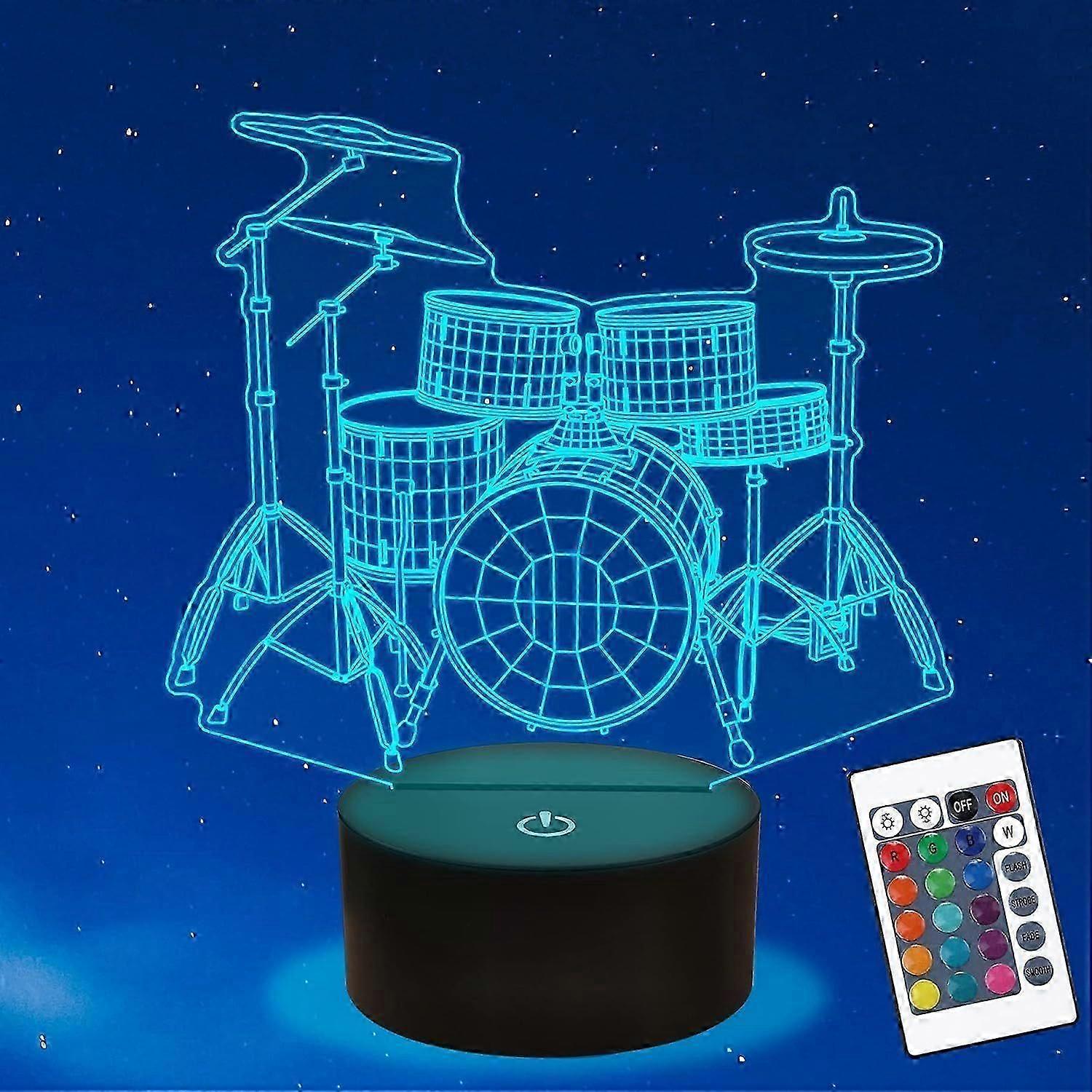 Drum Kit Themed 3D Illusion Night Light for Kids, Equipped with 16 Color Changing Modes, Remote Control and Timer Function